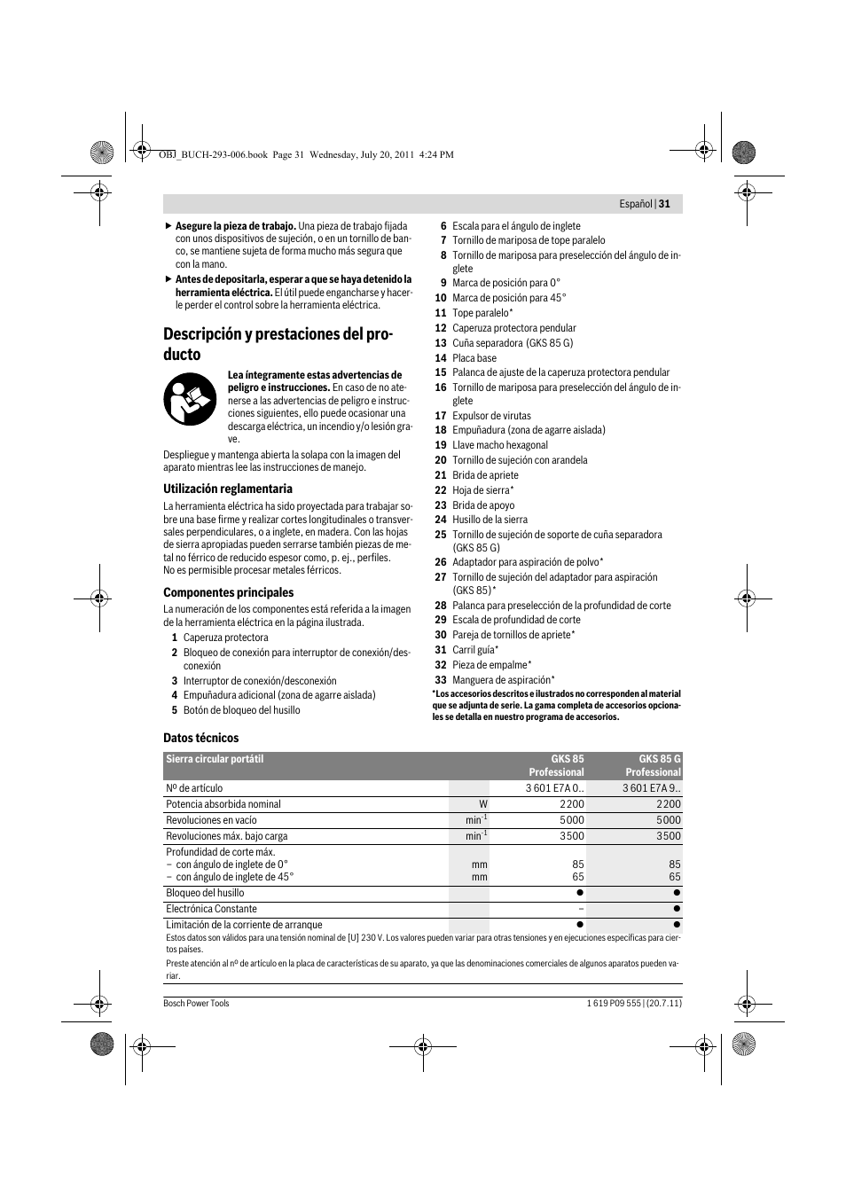 Descripción y prestaciones del pro- ducto | Bosch GKS 85 G Professional User Manual | Page 31 / 217