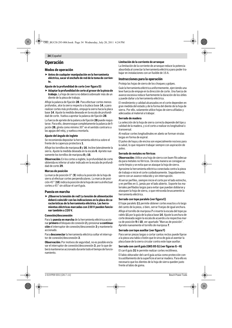 Operación | Bosch GKS 85 G Professional User Manual | Page 34 / 217