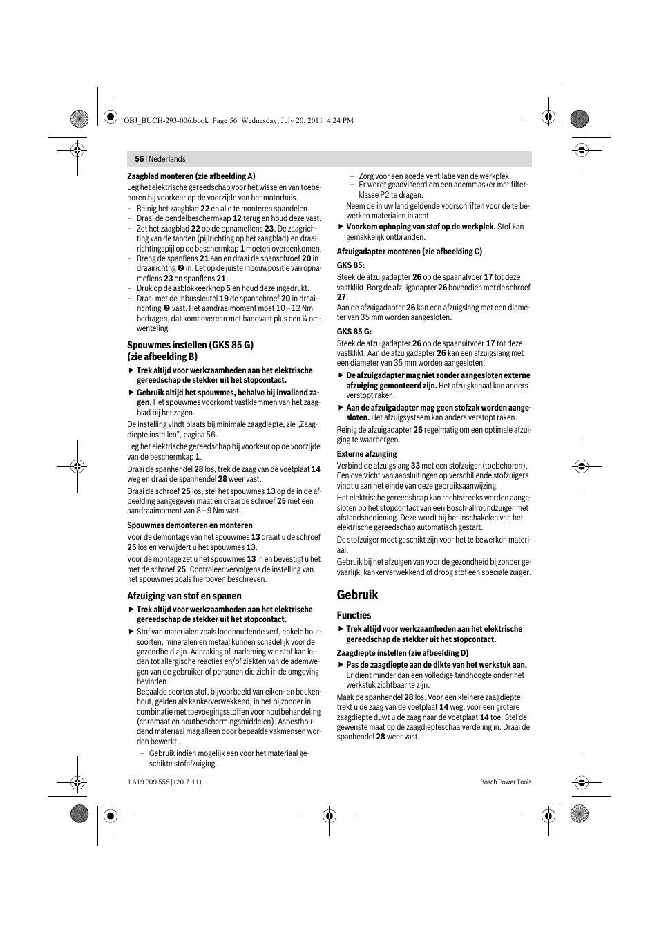 Gebruik | Bosch GKS 85 G Professional User Manual | Page 56 / 217