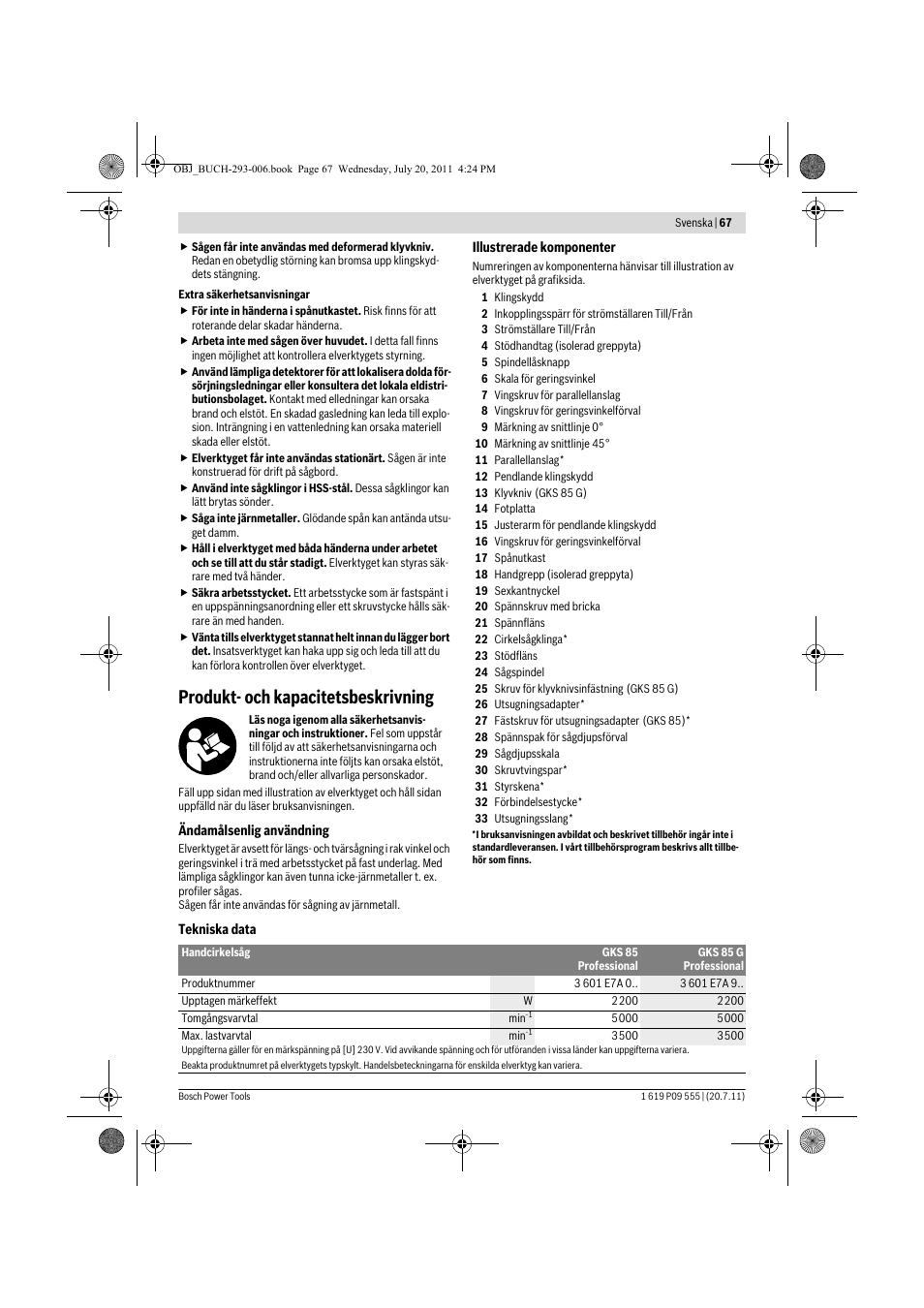 Produkt- och kapacitetsbeskrivning | Bosch GKS 85 G Professional User Manual | Page 67 / 217