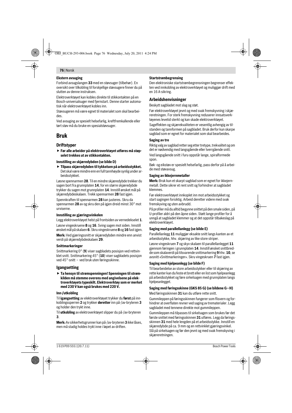 Bruk | Bosch GKS 85 G Professional User Manual | Page 76 / 217