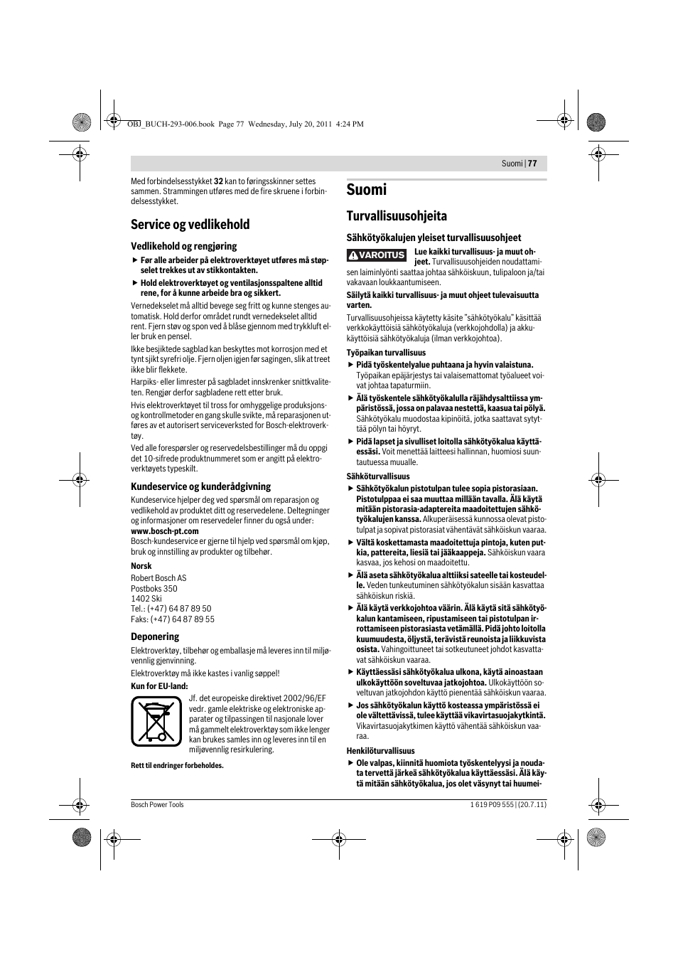 Suomi, Service og vedlikehold, Turvallisuusohjeita | Bosch GKS 85 G Professional User Manual | Page 77 / 217