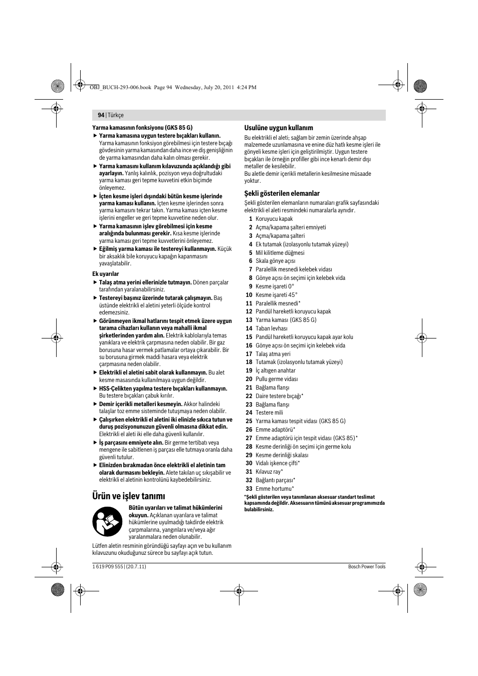 Ürün ve işlev tan m | Bosch GKS 85 G Professional User Manual | Page 94 / 217