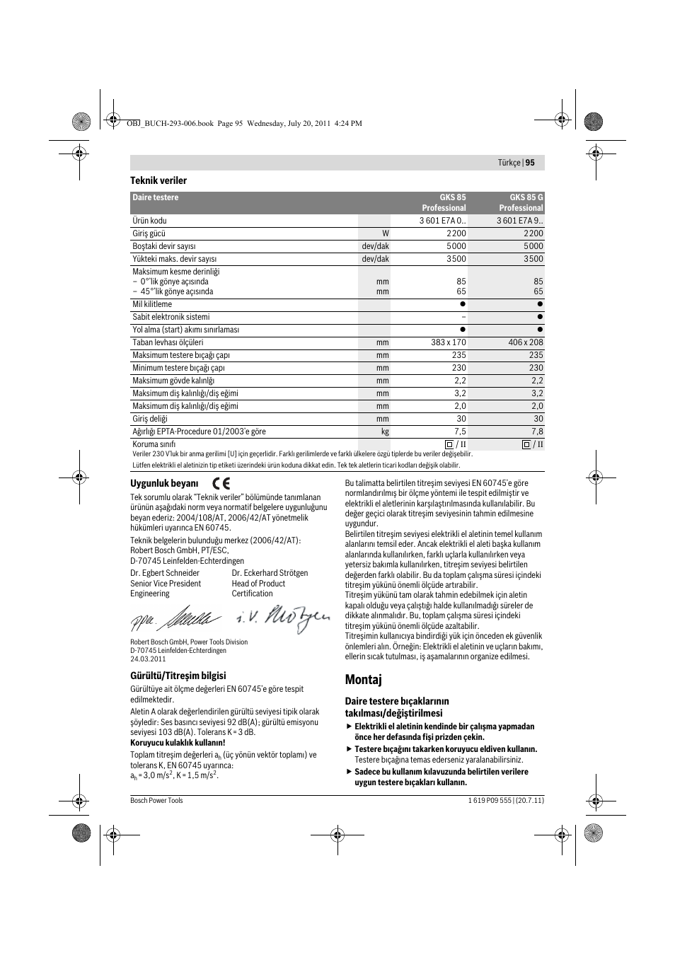 Montaj | Bosch GKS 85 G Professional User Manual | Page 95 / 217