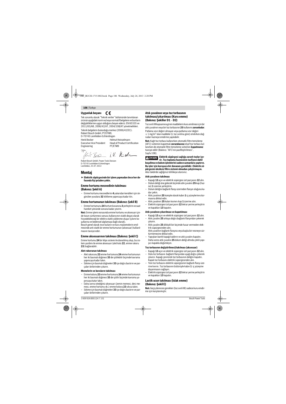 Montaj | Bosch GAS 35 M AFC Professional User Manual | Page 106 / 258