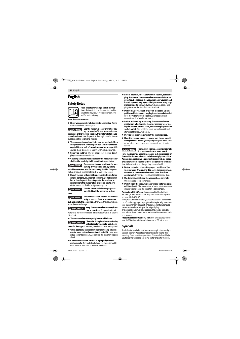 English, Symbols | Bosch GAS 35 M AFC Professional User Manual | Page 16 / 258