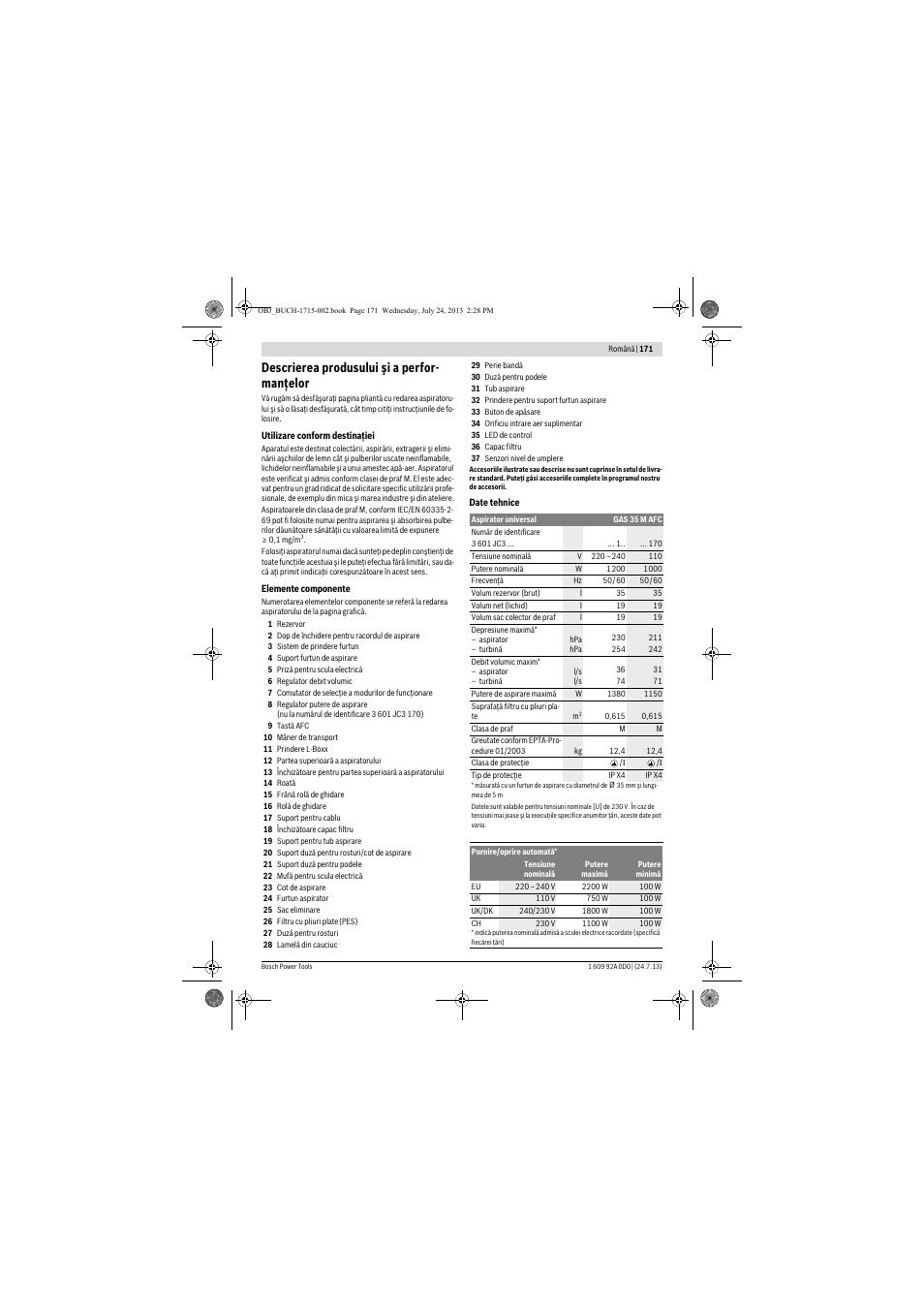Descrierea produsului şi a perfor- manţelor | Bosch GAS 35 M AFC Professional User Manual | Page 171 / 258