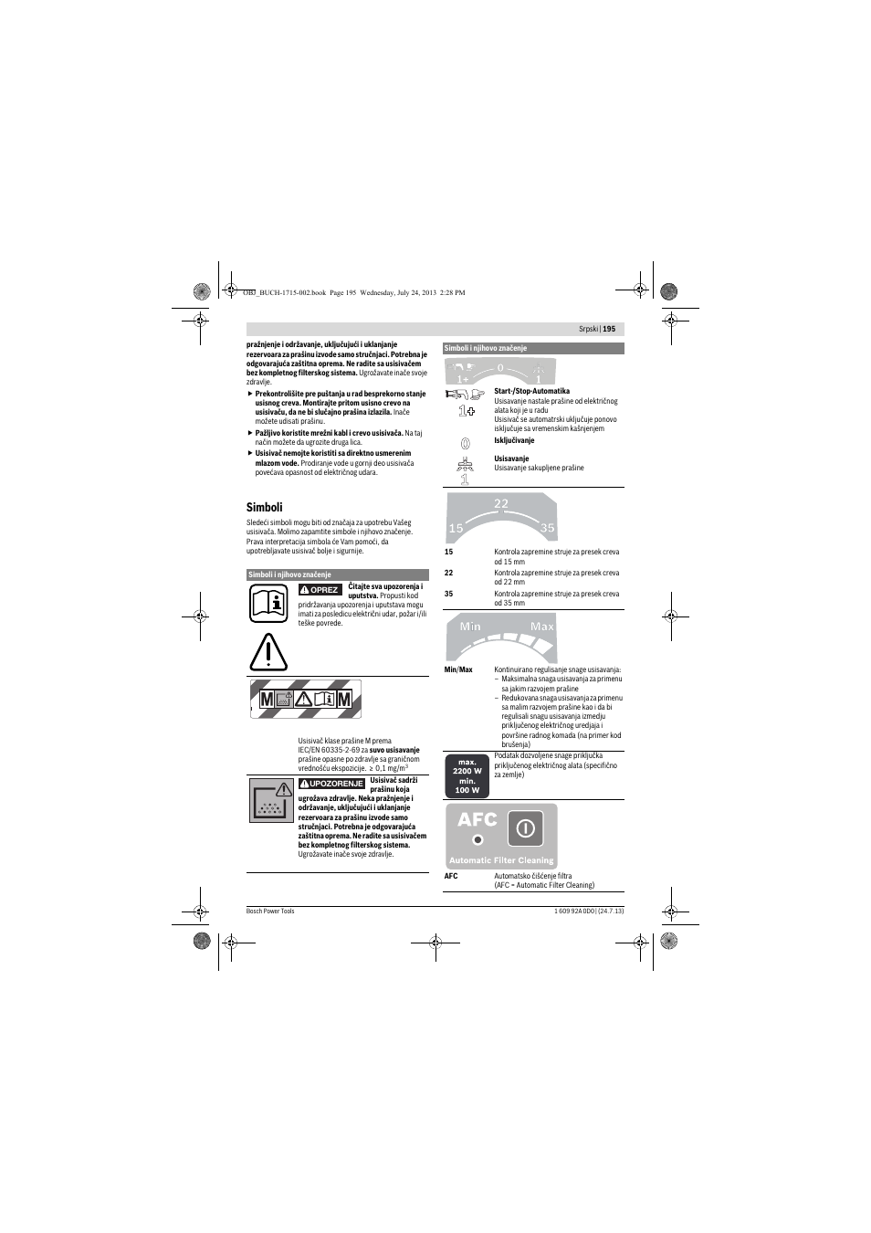 Simboli | Bosch GAS 35 M AFC Professional User Manual | Page 195 / 258