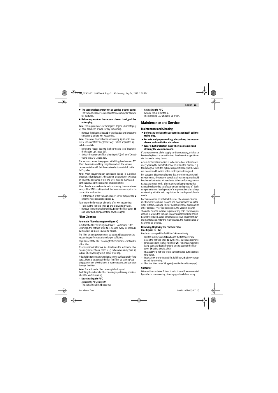 Maintenance and service | Bosch GAS 35 M AFC Professional User Manual | Page 21 / 258