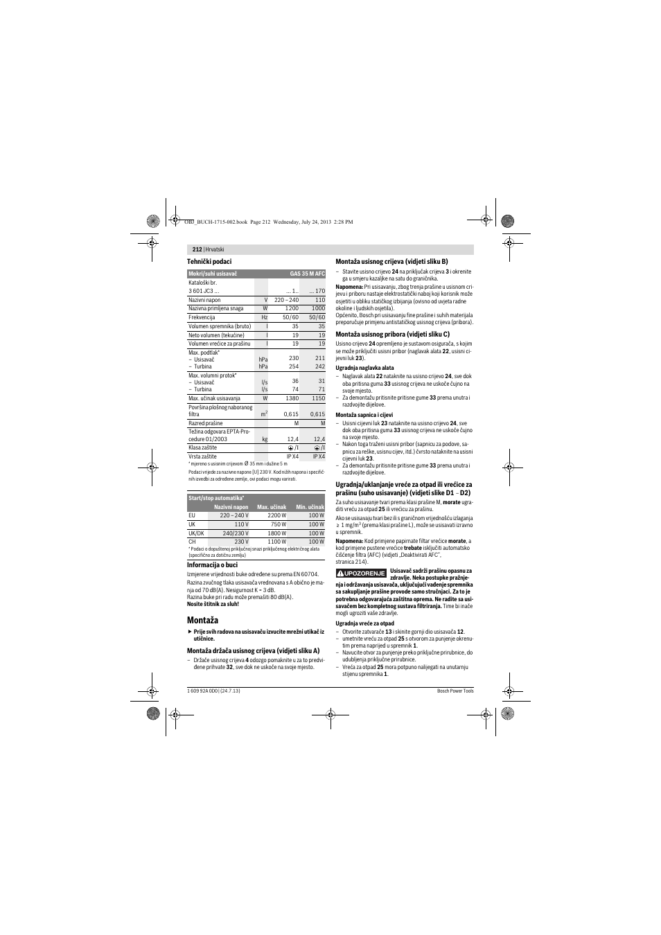 Montaža | Bosch GAS 35 M AFC Professional User Manual | Page 212 / 258