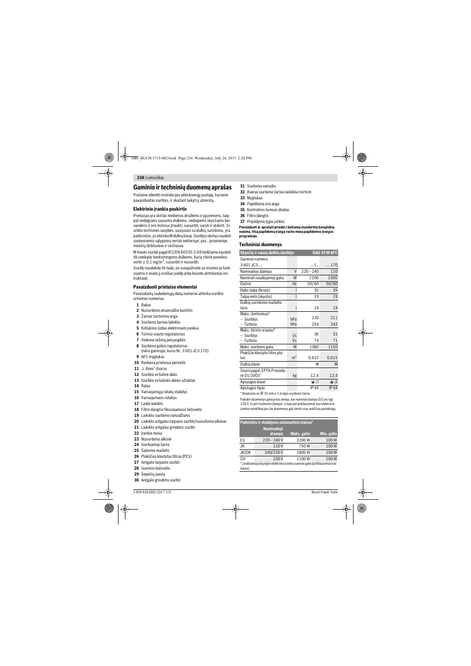 Gaminio ir techninių duomenų aprašas | Bosch GAS 35 M AFC Professional User Manual | Page 234 / 258