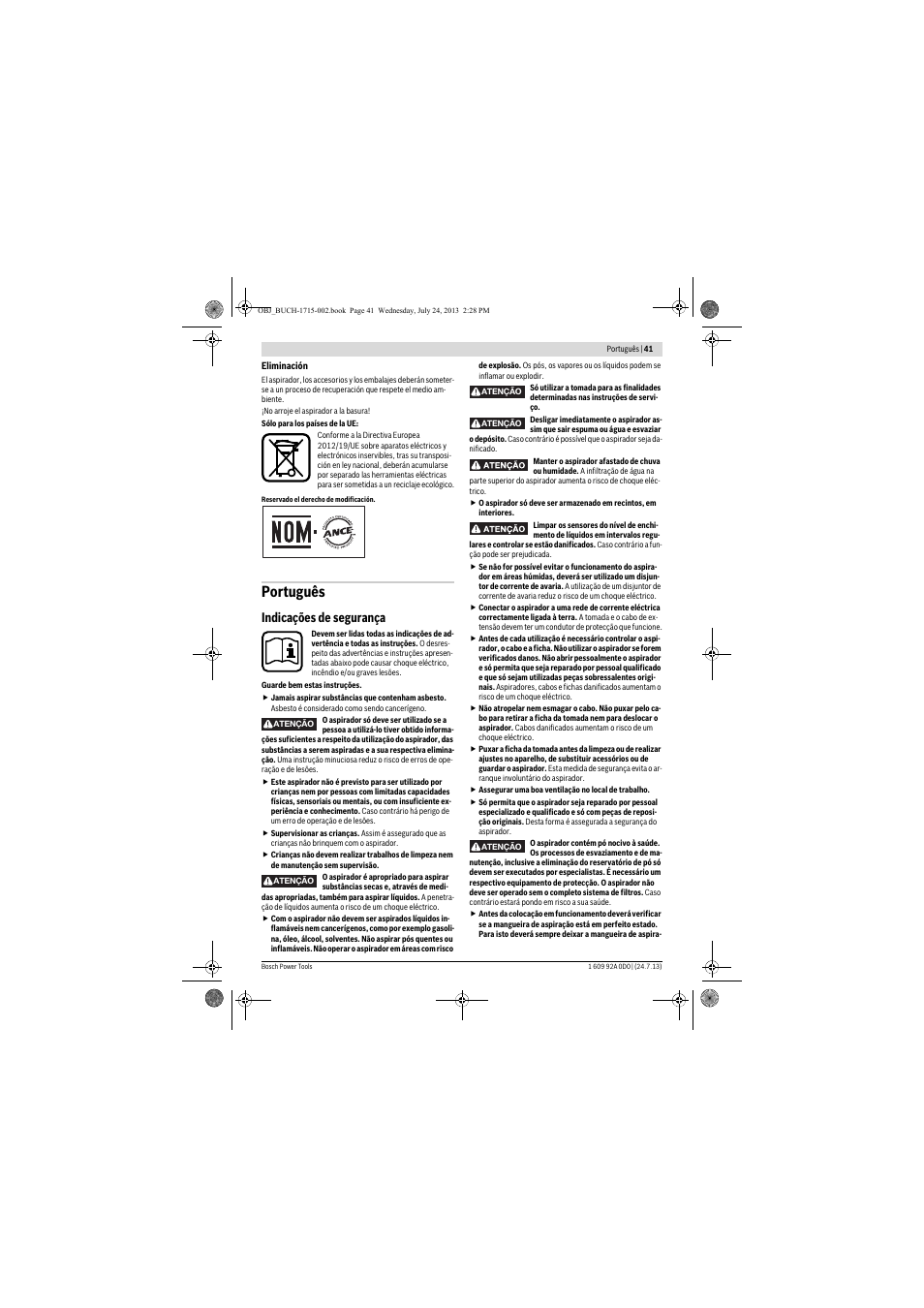 Português, Indicações de segurança | Bosch GAS 35 M AFC Professional User Manual | Page 41 / 258