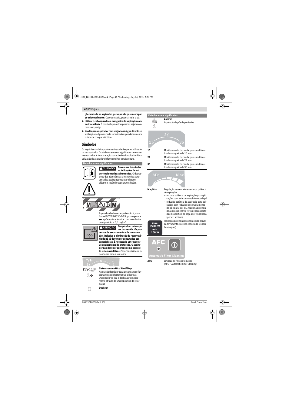 Símbolos | Bosch GAS 35 M AFC Professional User Manual | Page 42 / 258