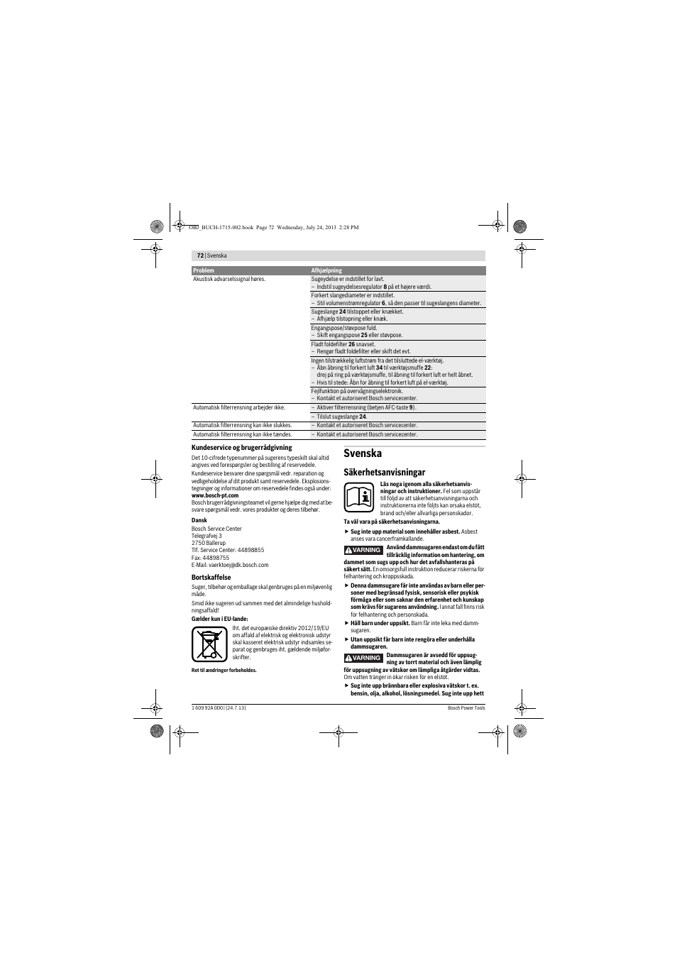 Svenska, Säkerhetsanvisningar | Bosch GAS 35 M AFC Professional User Manual | Page 72 / 258