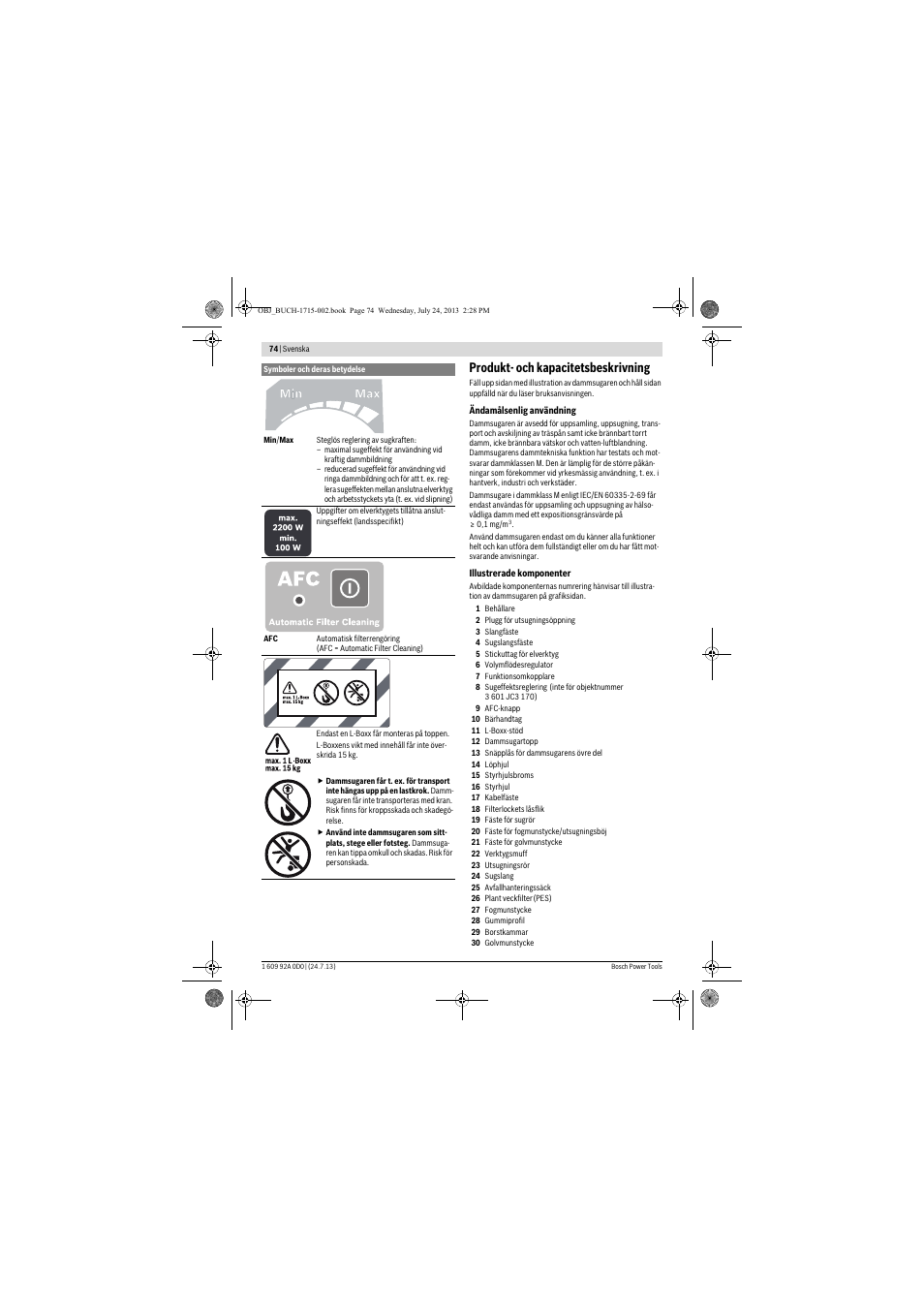 Produkt- och kapacitetsbeskrivning | Bosch GAS 35 M AFC Professional User Manual | Page 74 / 258