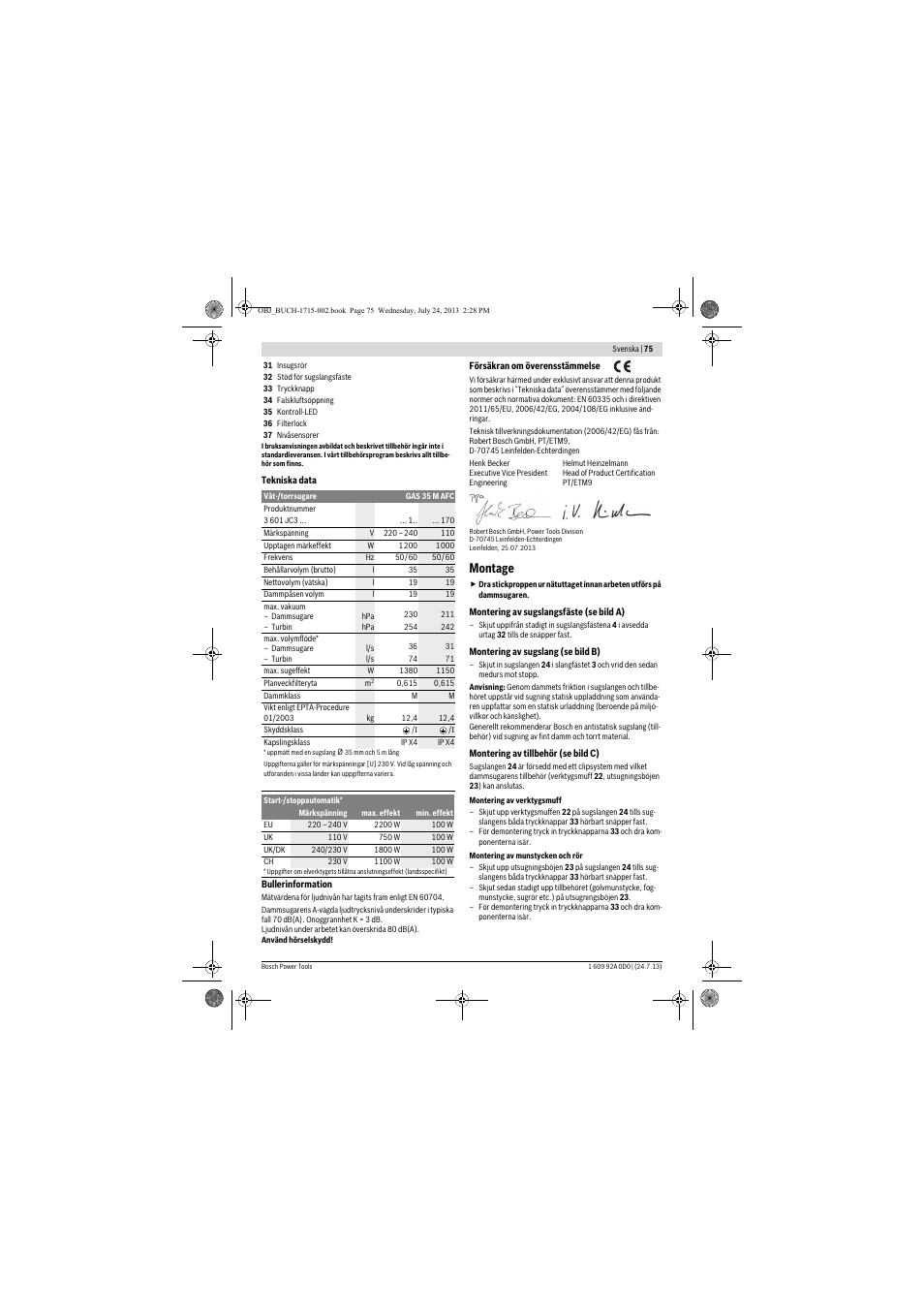 Montage | Bosch GAS 35 M AFC Professional User Manual | Page 75 / 258