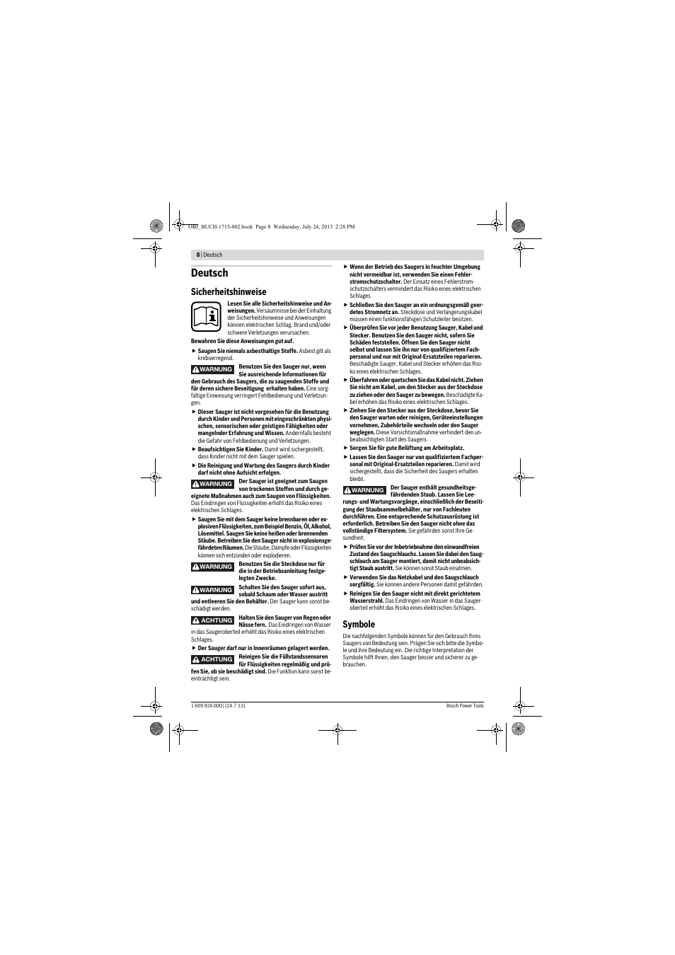 Deutsch, Sicherheitshinweise, Symbole | Bosch GAS 35 M AFC Professional User Manual | Page 8 / 258