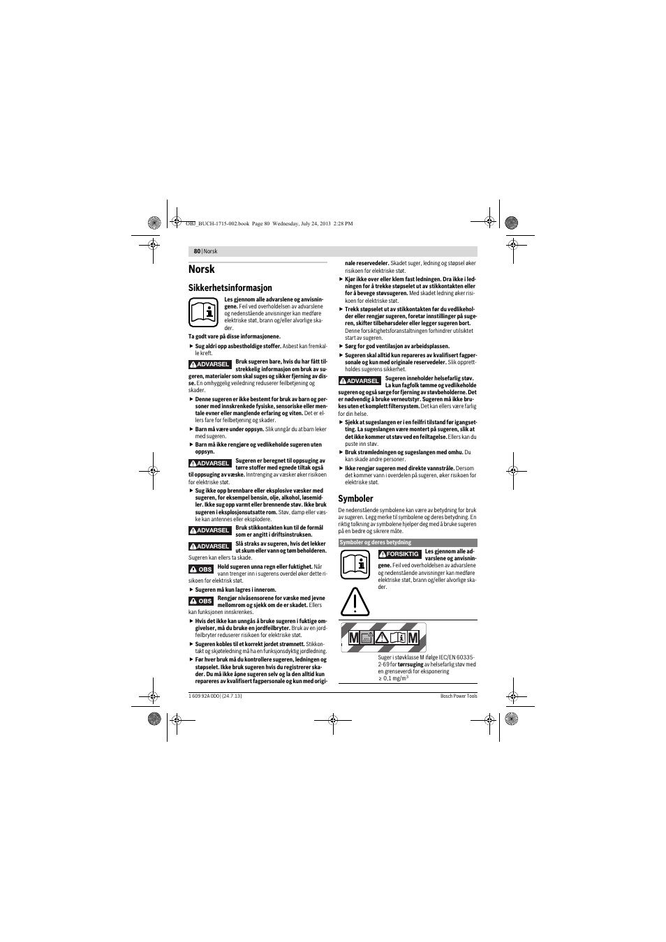 Norsk, Sikkerhetsinformasjon, Symboler | Bosch GAS 35 M AFC Professional User Manual | Page 80 / 258