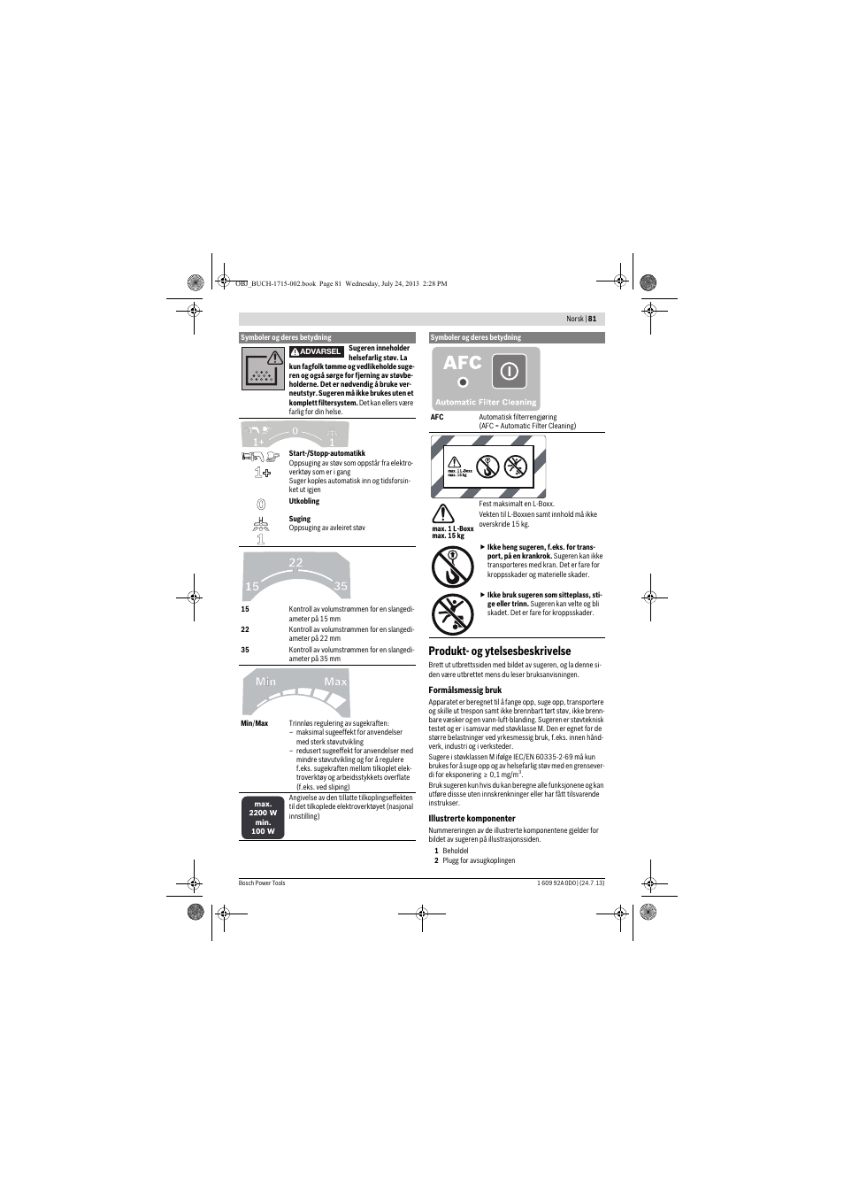 Produkt- og ytelsesbeskrivelse | Bosch GAS 35 M AFC Professional User Manual | Page 81 / 258