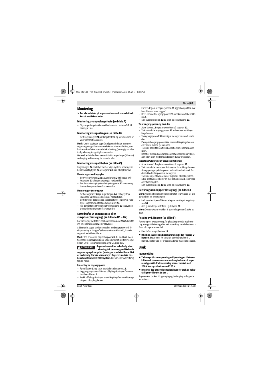 Montering, Bruk | Bosch GAS 35 M AFC Professional User Manual | Page 83 / 258