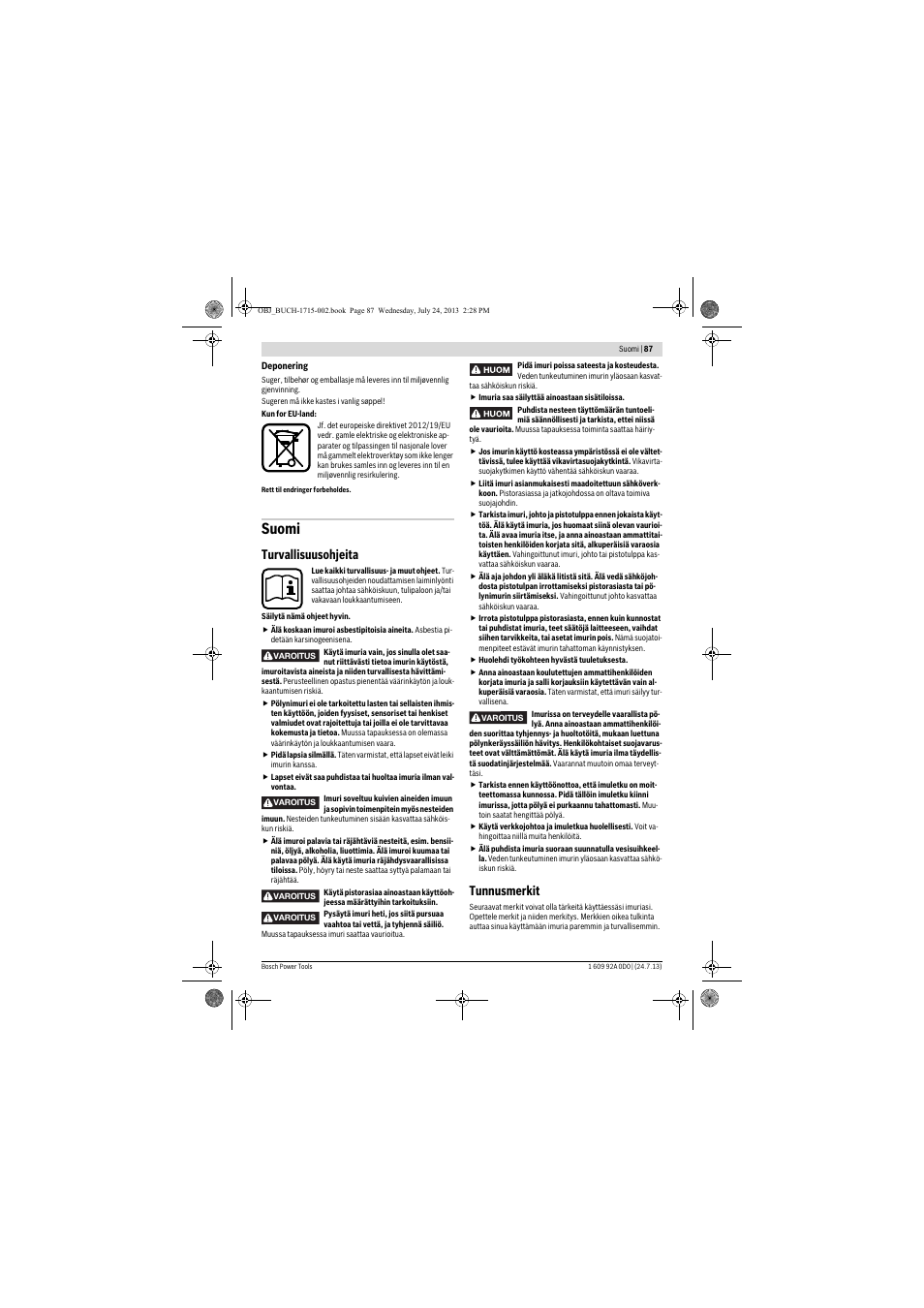 Suomi, Turvallisuusohjeita, Tunnusmerkit | Bosch GAS 35 M AFC Professional User Manual | Page 87 / 258