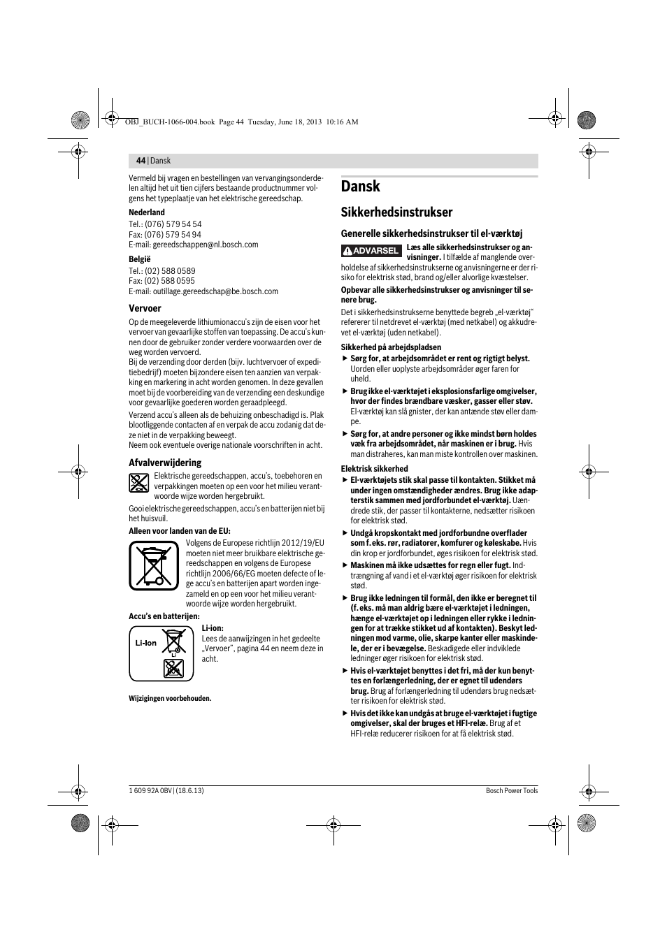 Dansk, Sikkerhedsinstrukser | Bosch GDR 10,8-LI Professional User Manual | Page 44 / 171