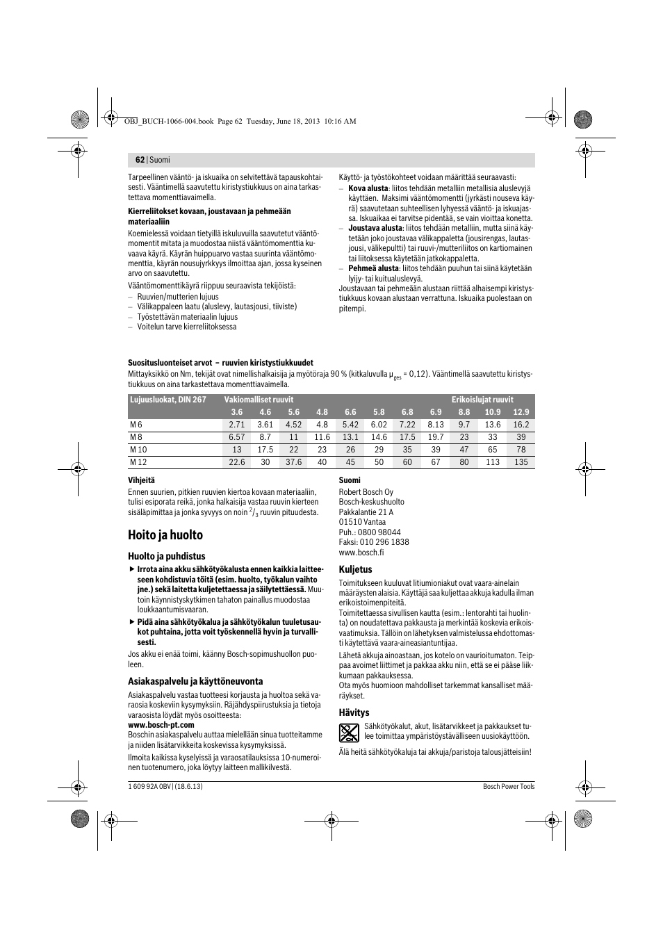 Hoito ja huolto | Bosch GDR 10,8-LI Professional User Manual | Page 62 / 171