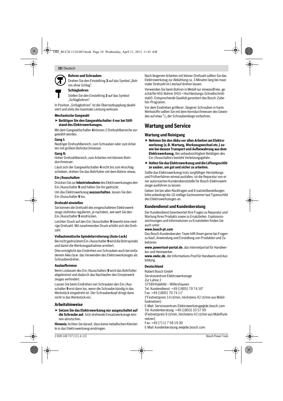 Wartung und service | Bosch GSB 12-2 Professional User Manual | Page 10 / 157