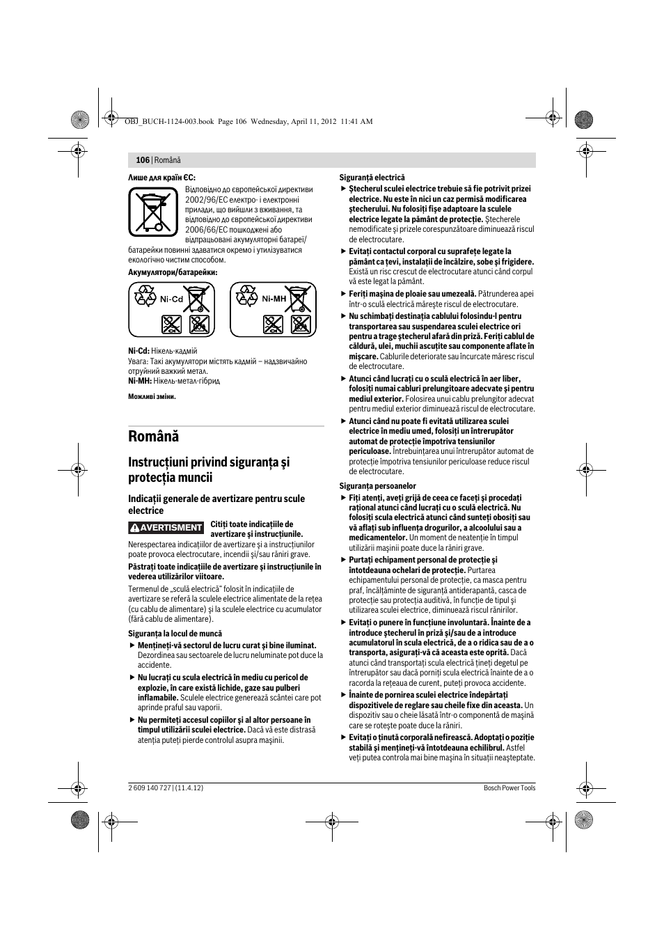 Română, Instrucţiuni privind siguranţa şi protecţia muncii | Bosch GSB 12-2 Professional User Manual | Page 106 / 157