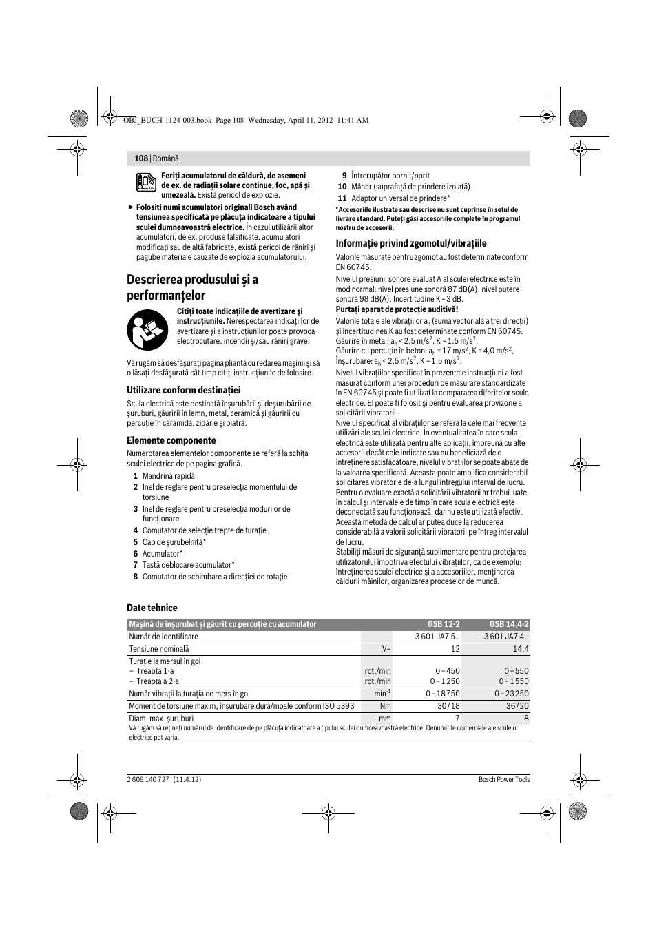 Descrierea produsului şi a performanţelor | Bosch GSB 12-2 Professional User Manual | Page 108 / 157