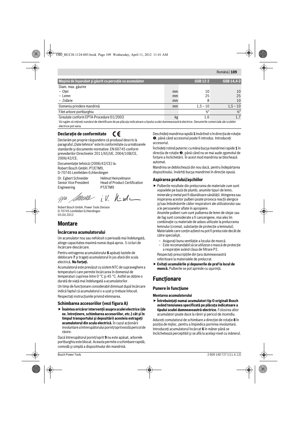 Montare, Funcţionare | Bosch GSB 12-2 Professional User Manual | Page 109 / 157