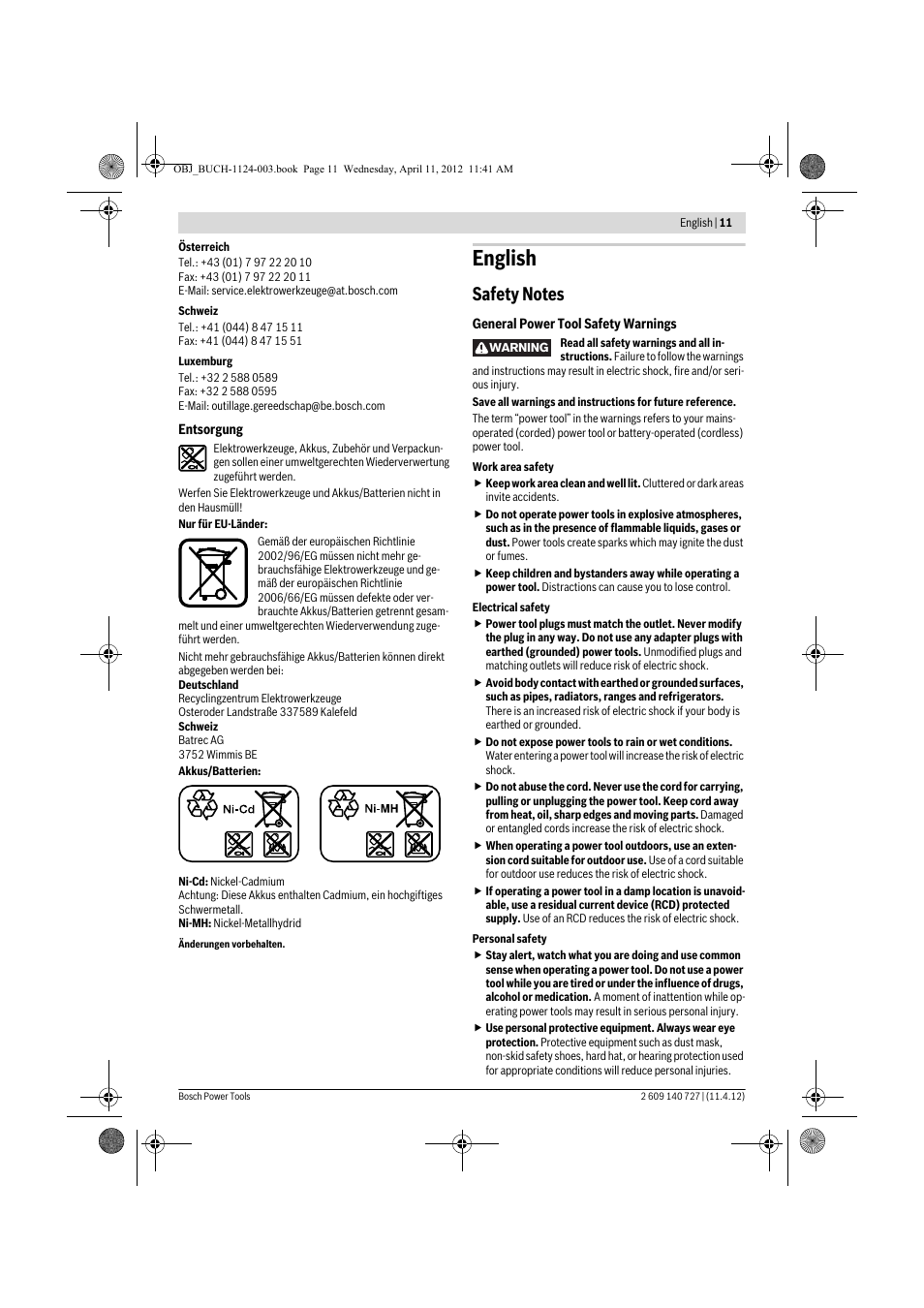 English | Bosch GSB 12-2 Professional User Manual | Page 11 / 157