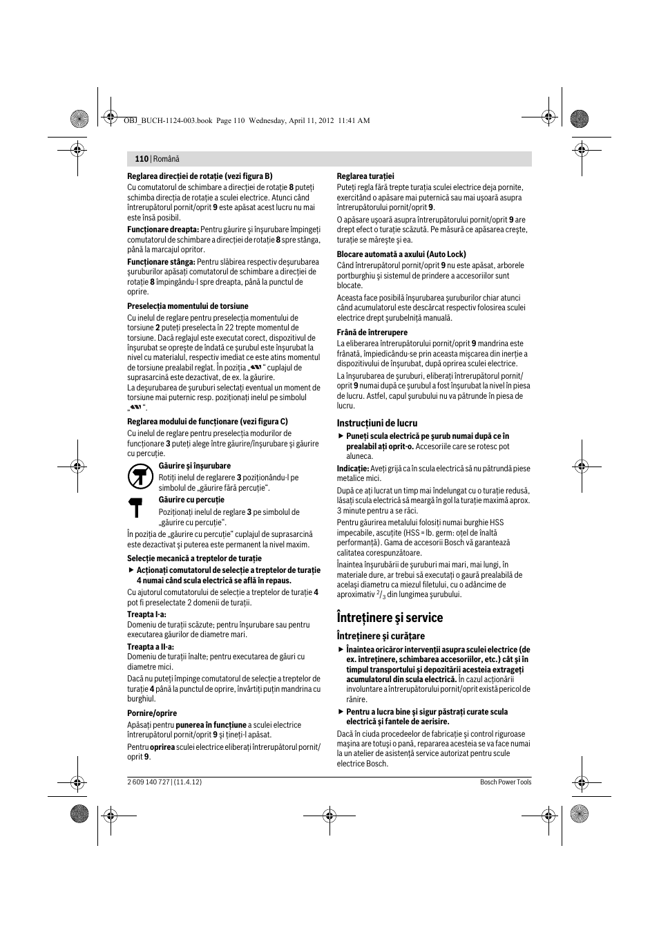 Întreţinere şi service | Bosch GSB 12-2 Professional User Manual | Page 110 / 157