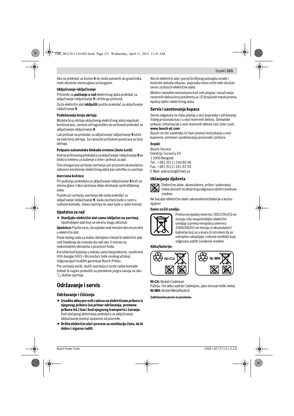 Održavanje i servis | Bosch GSB 12-2 Professional User Manual | Page 121 / 157