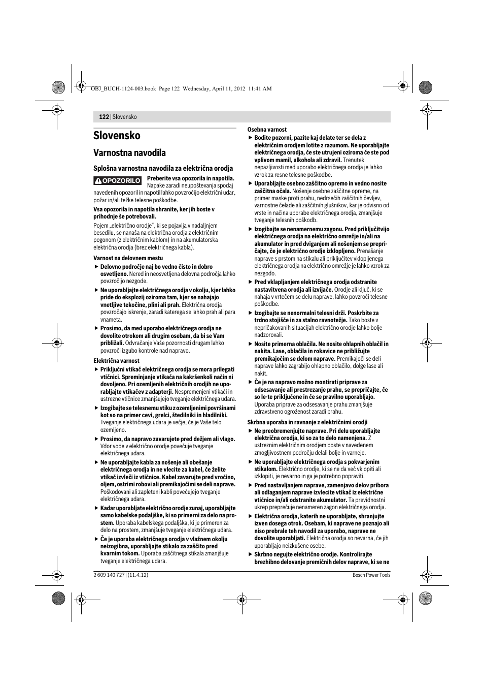 Slovensko, Varnostna navodila | Bosch GSB 12-2 Professional User Manual | Page 122 / 157