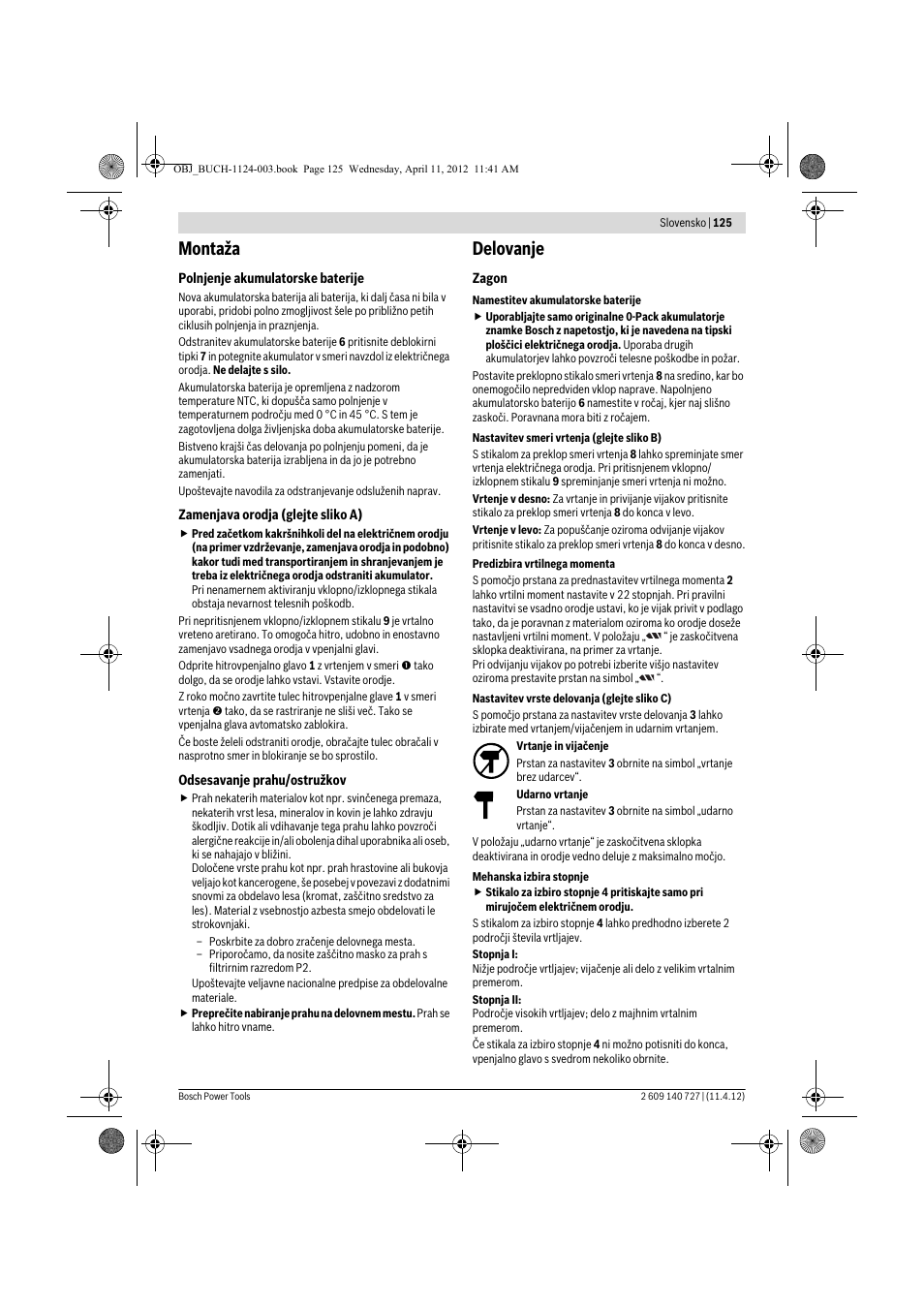 Montaža, Delovanje | Bosch GSB 12-2 Professional User Manual | Page 125 / 157