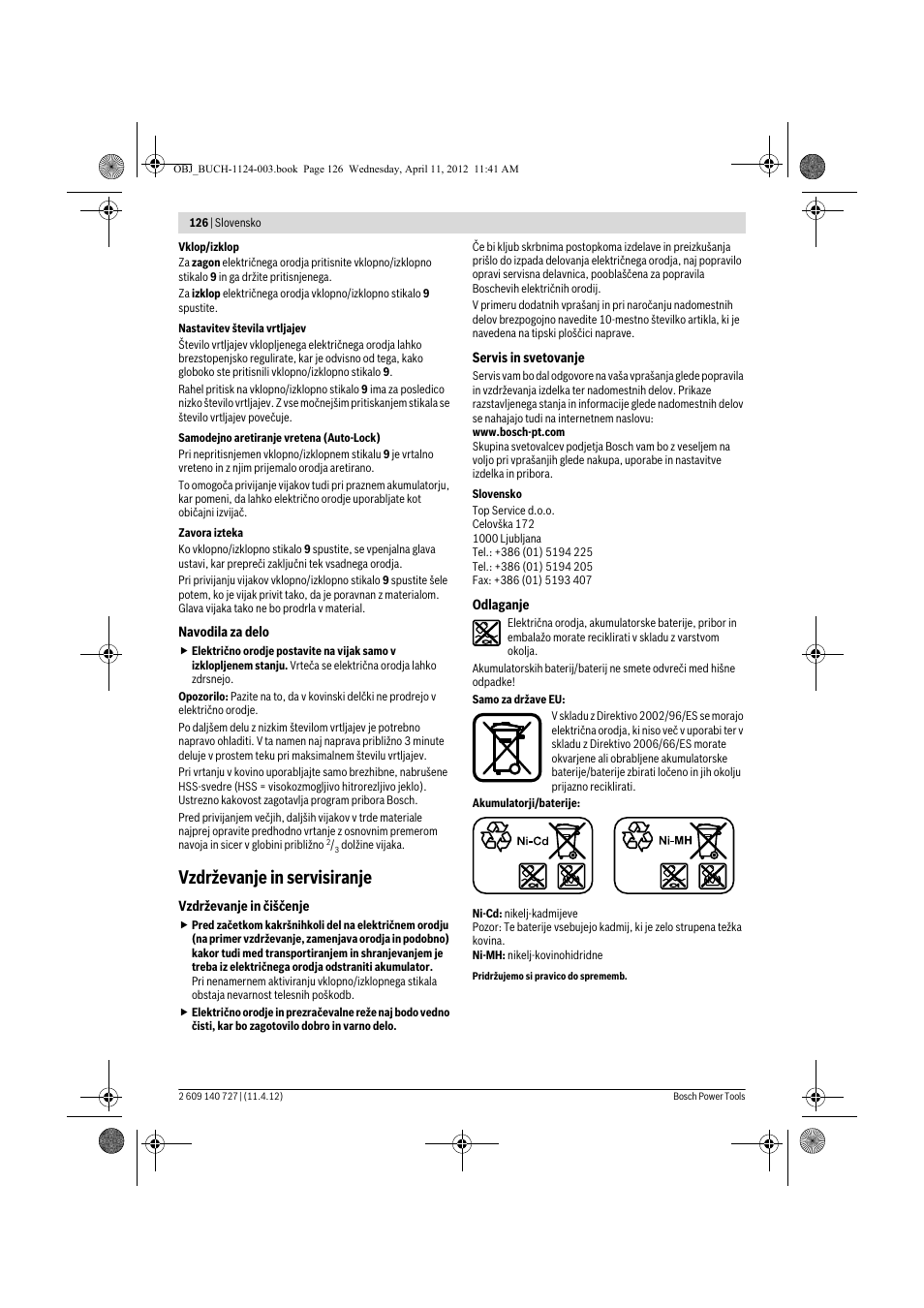 Vzdrževanje in servisiranje | Bosch GSB 12-2 Professional User Manual | Page 126 / 157