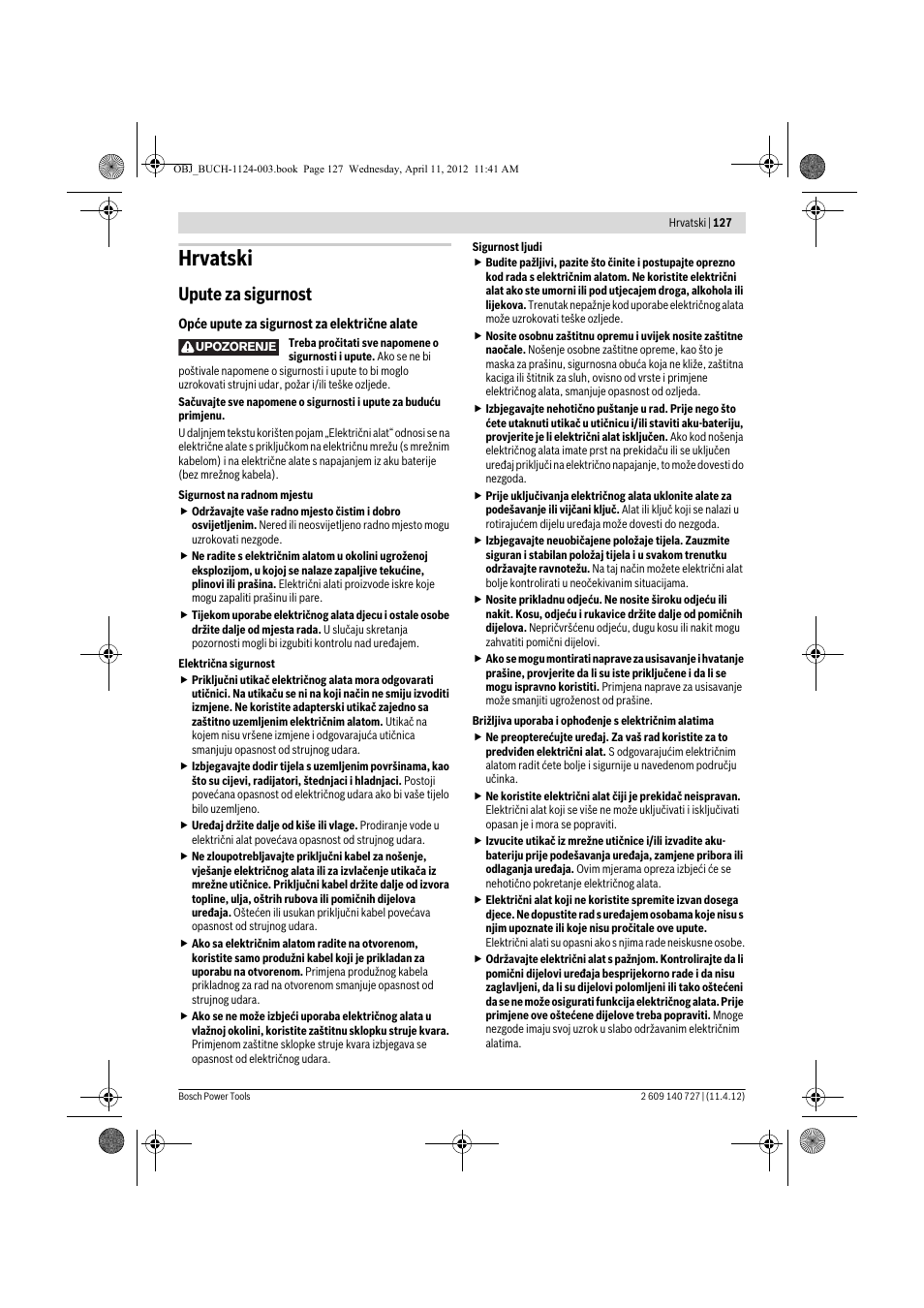 Hrvatski, Upute za sigurnost | Bosch GSB 12-2 Professional User Manual | Page 127 / 157