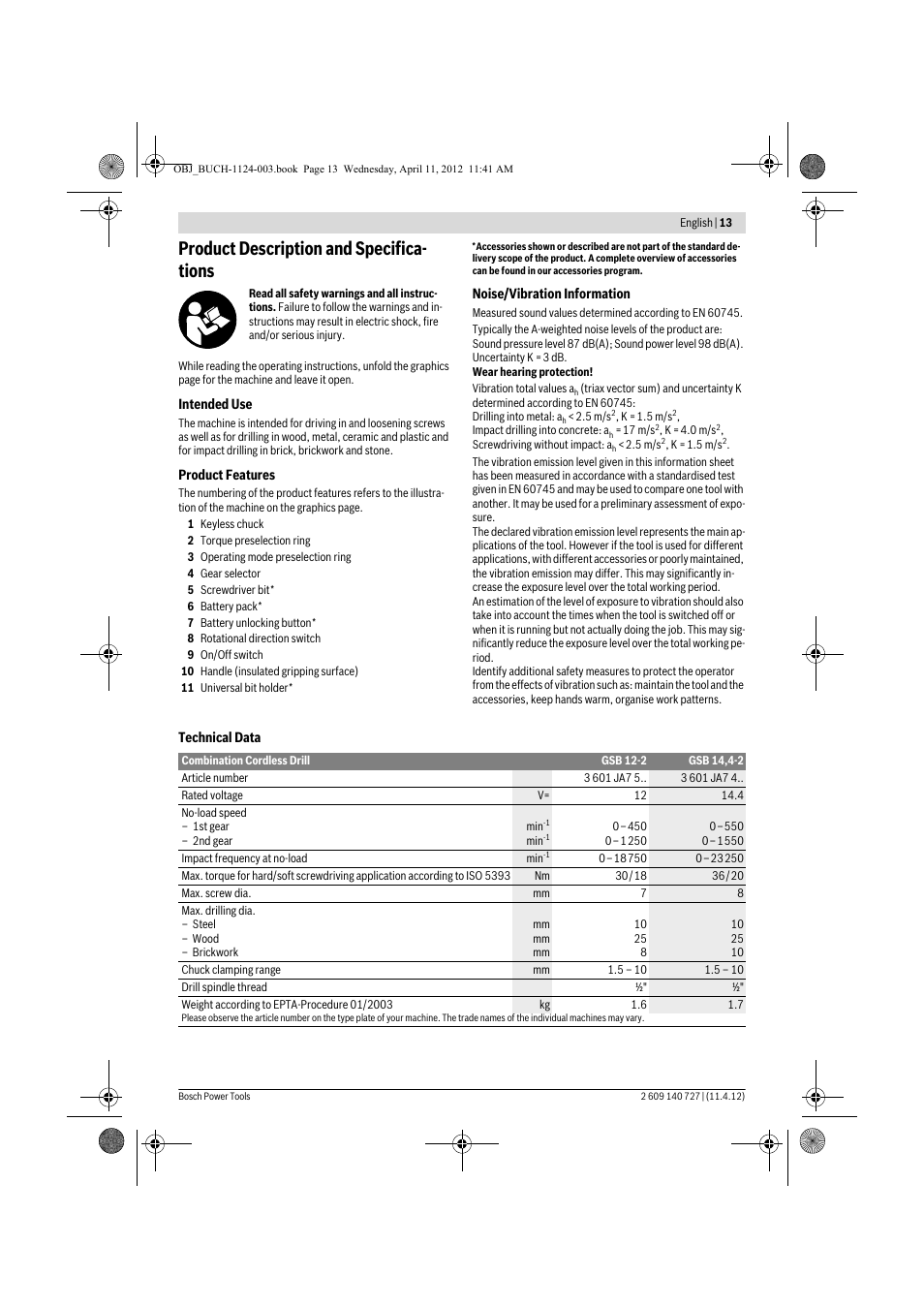 Product description and specifica- tions | Bosch GSB 12-2 Professional User Manual | Page 13 / 157