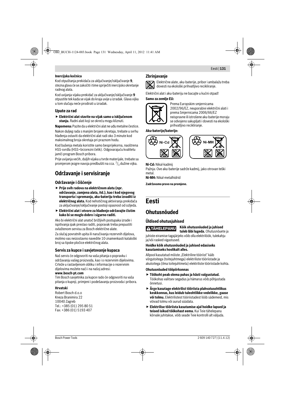 Eesti, Održavanje i servisiranje, Ohutusnõuded | Bosch GSB 12-2 Professional User Manual | Page 131 / 157