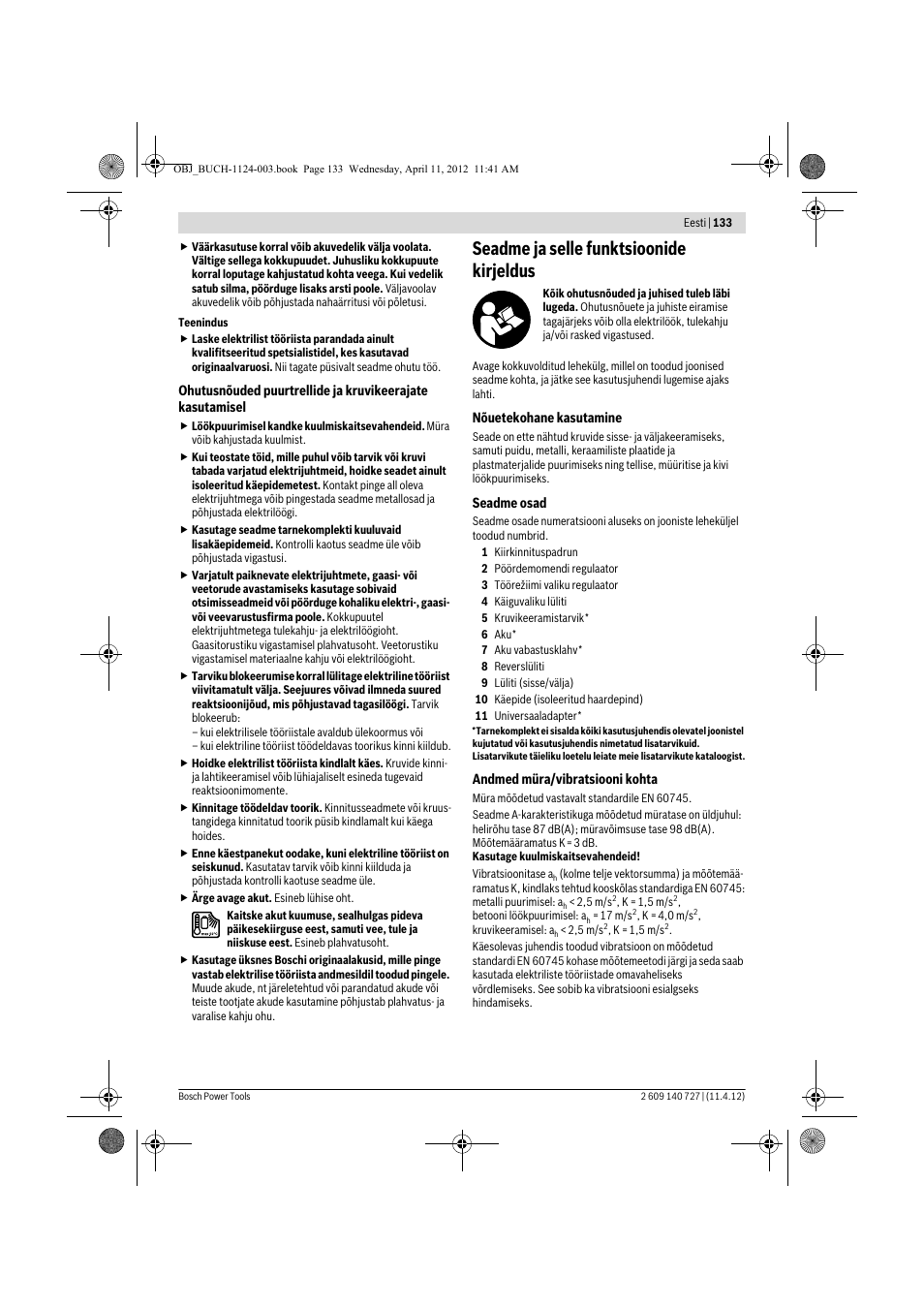 Seadme ja selle funktsioonide kirjeldus | Bosch GSB 12-2 Professional User Manual | Page 133 / 157