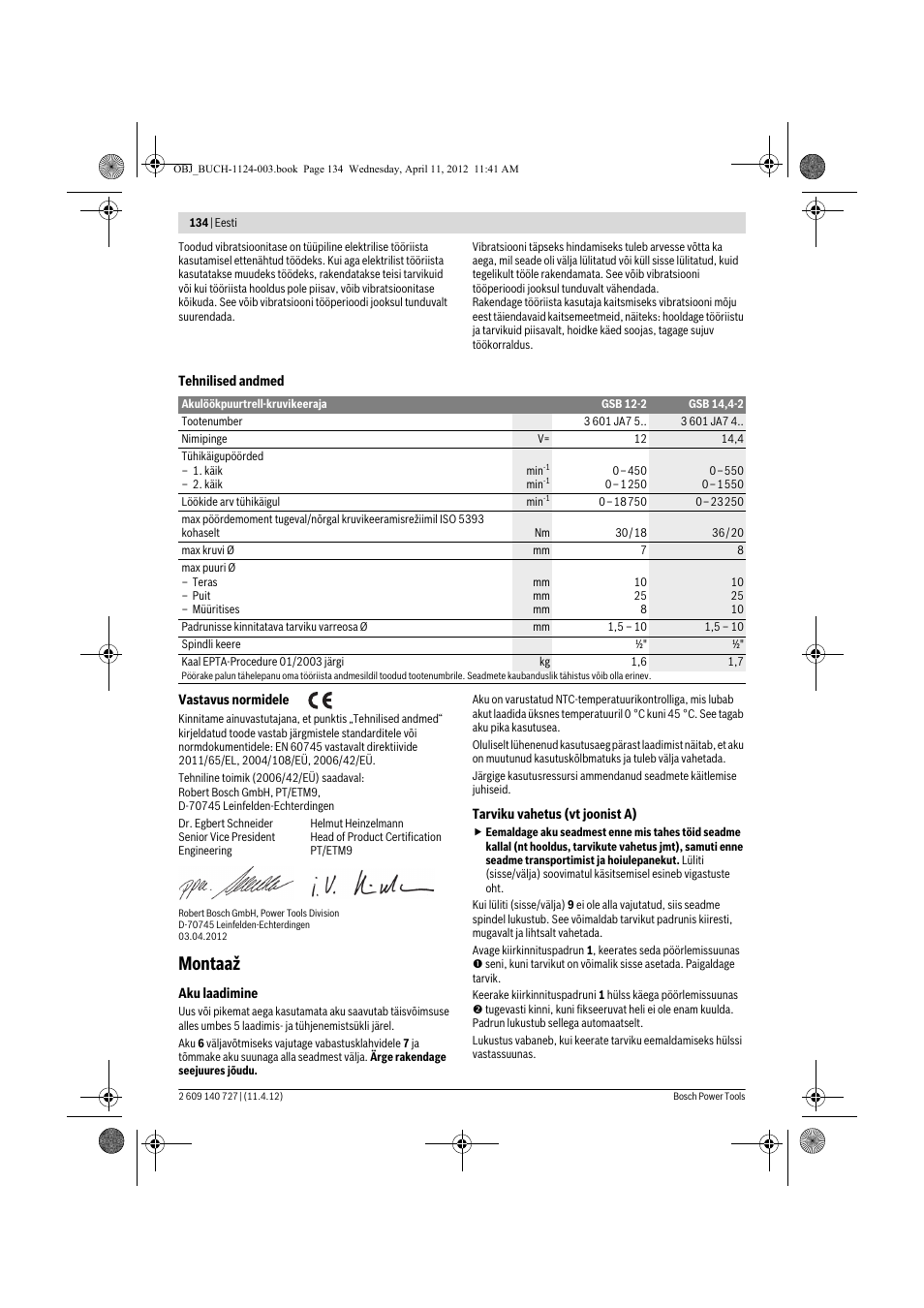 Montaaž | Bosch GSB 12-2 Professional User Manual | Page 134 / 157