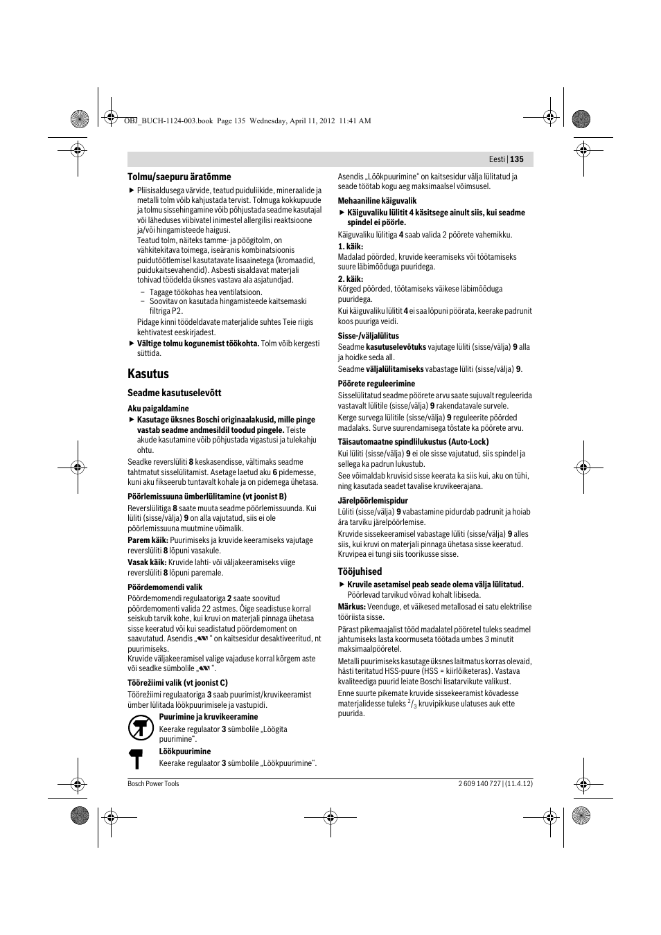 Kasutus | Bosch GSB 12-2 Professional User Manual | Page 135 / 157