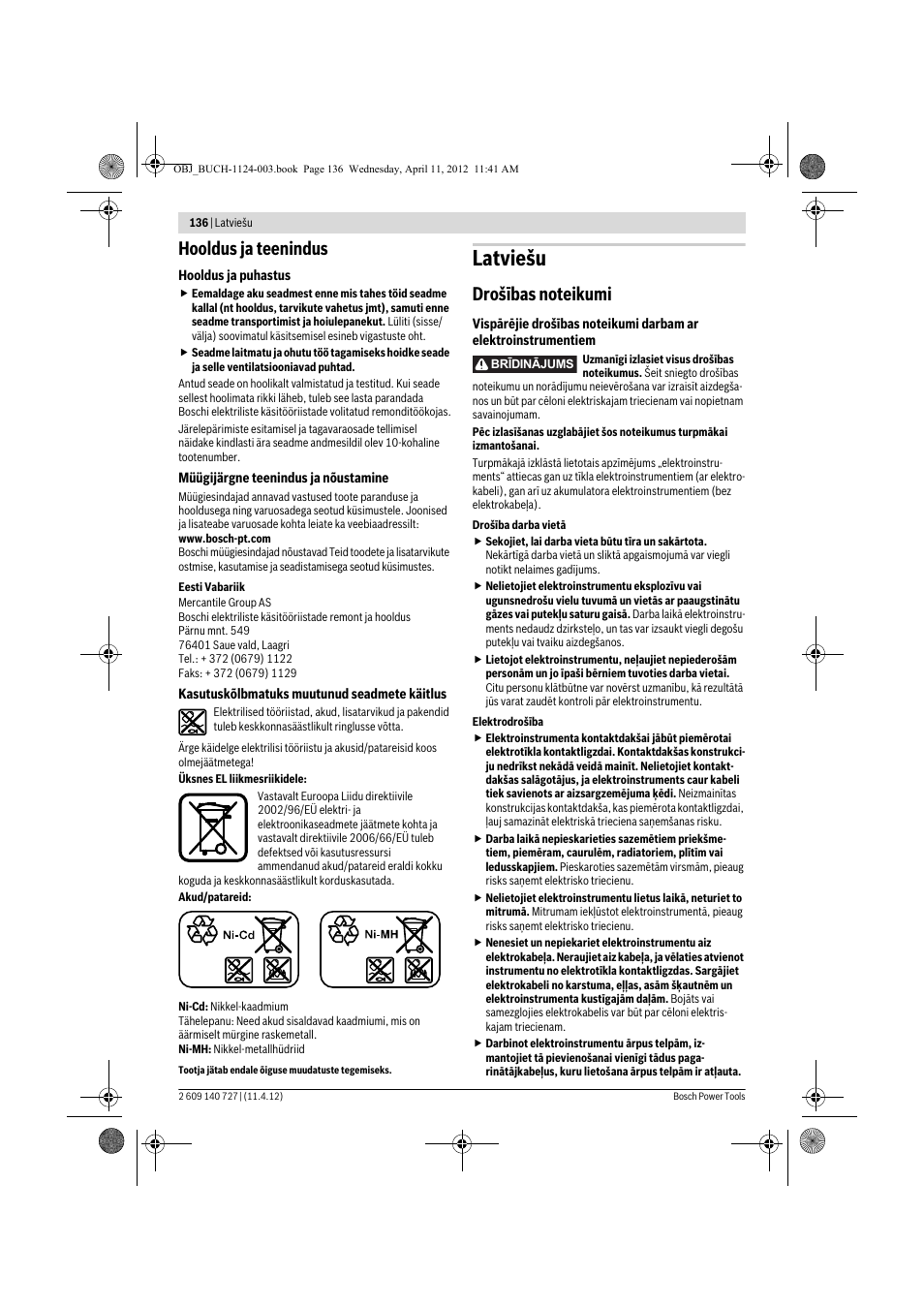 Latviešu, Hooldus ja teenindus | Bosch GSB 12-2 Professional User Manual | Page 136 / 157