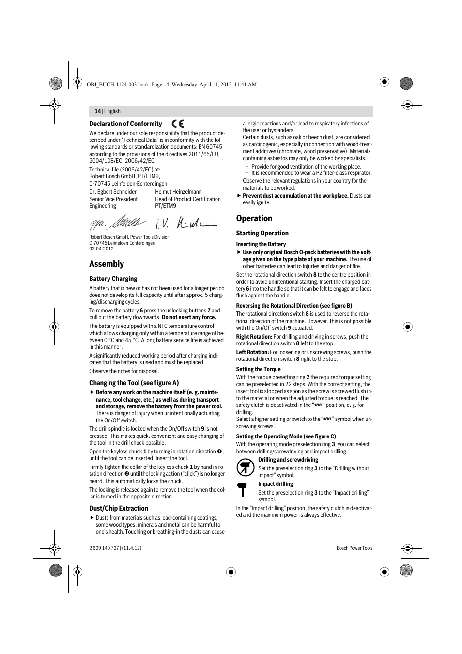 Assembly, Operation | Bosch GSB 12-2 Professional User Manual | Page 14 / 157