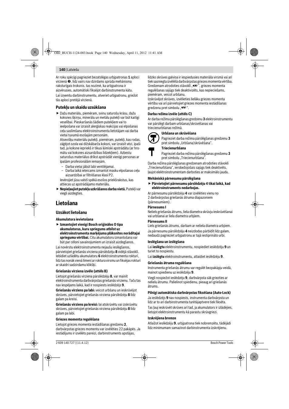 Lietošana | Bosch GSB 12-2 Professional User Manual | Page 140 / 157