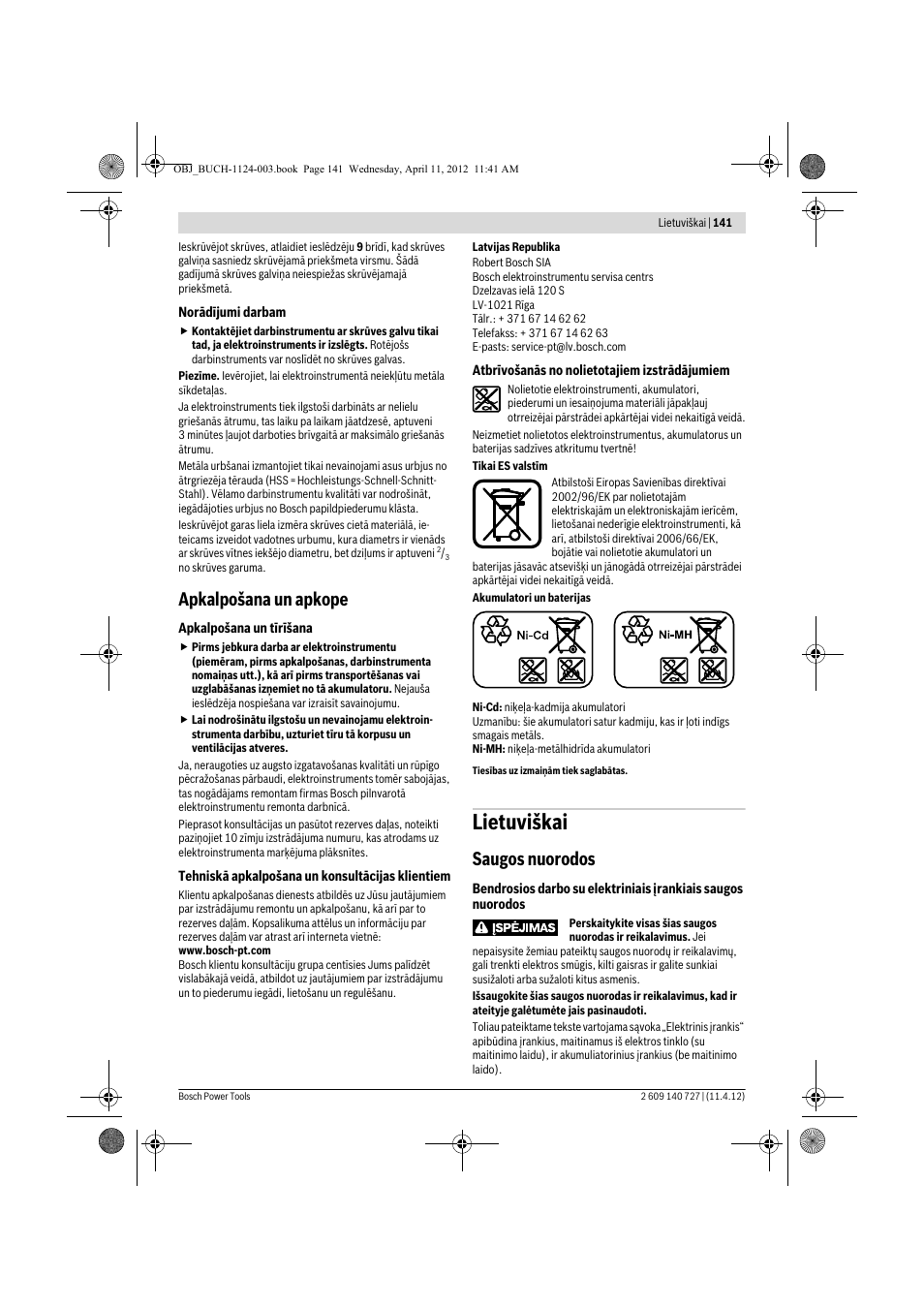 Lietuviškai, Apkalpošana un apkope, Saugos nuorodos | Bosch GSB 12-2 Professional User Manual | Page 141 / 157