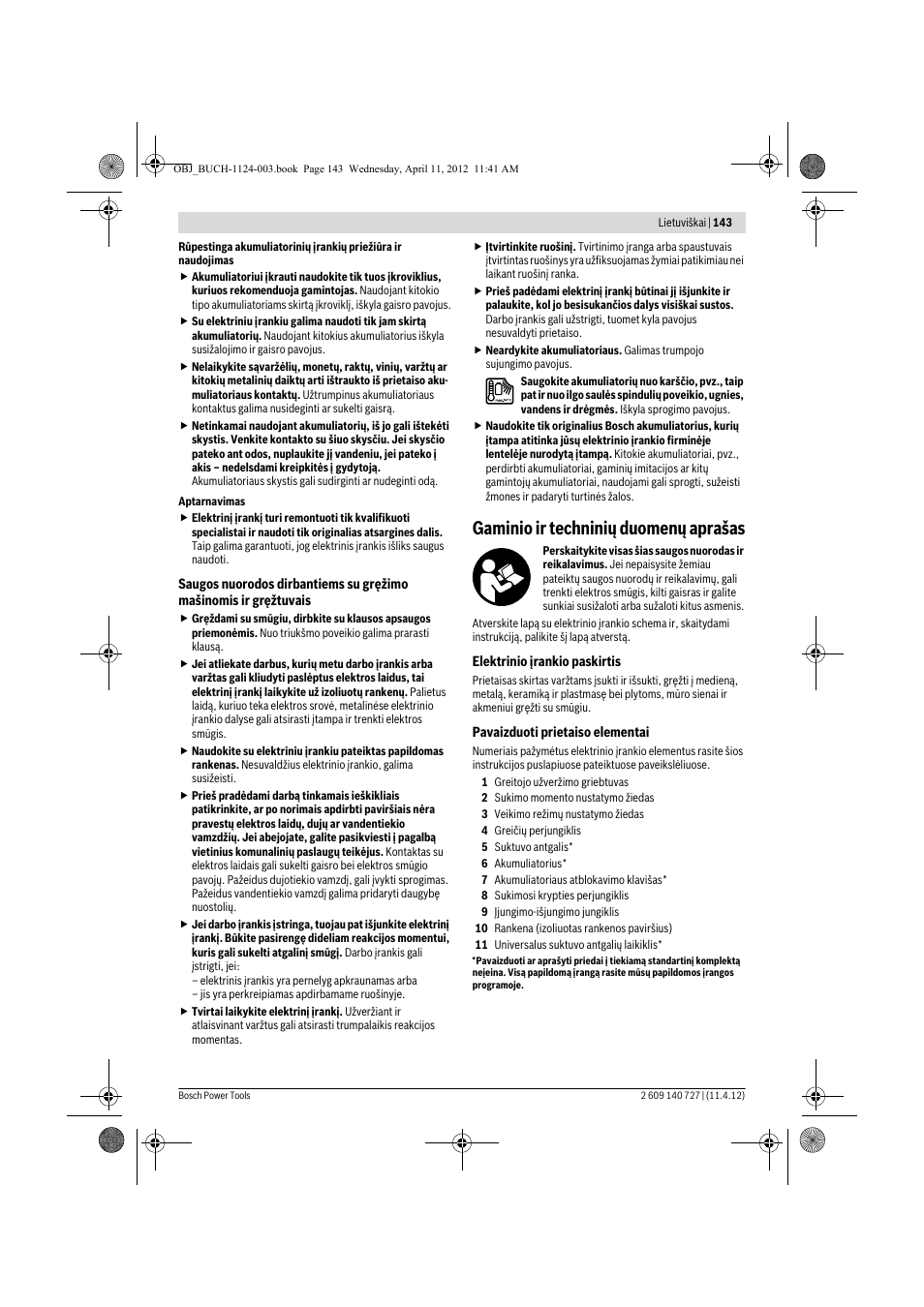 Gaminio ir techninių duomenų aprašas | Bosch GSB 12-2 Professional User Manual | Page 143 / 157