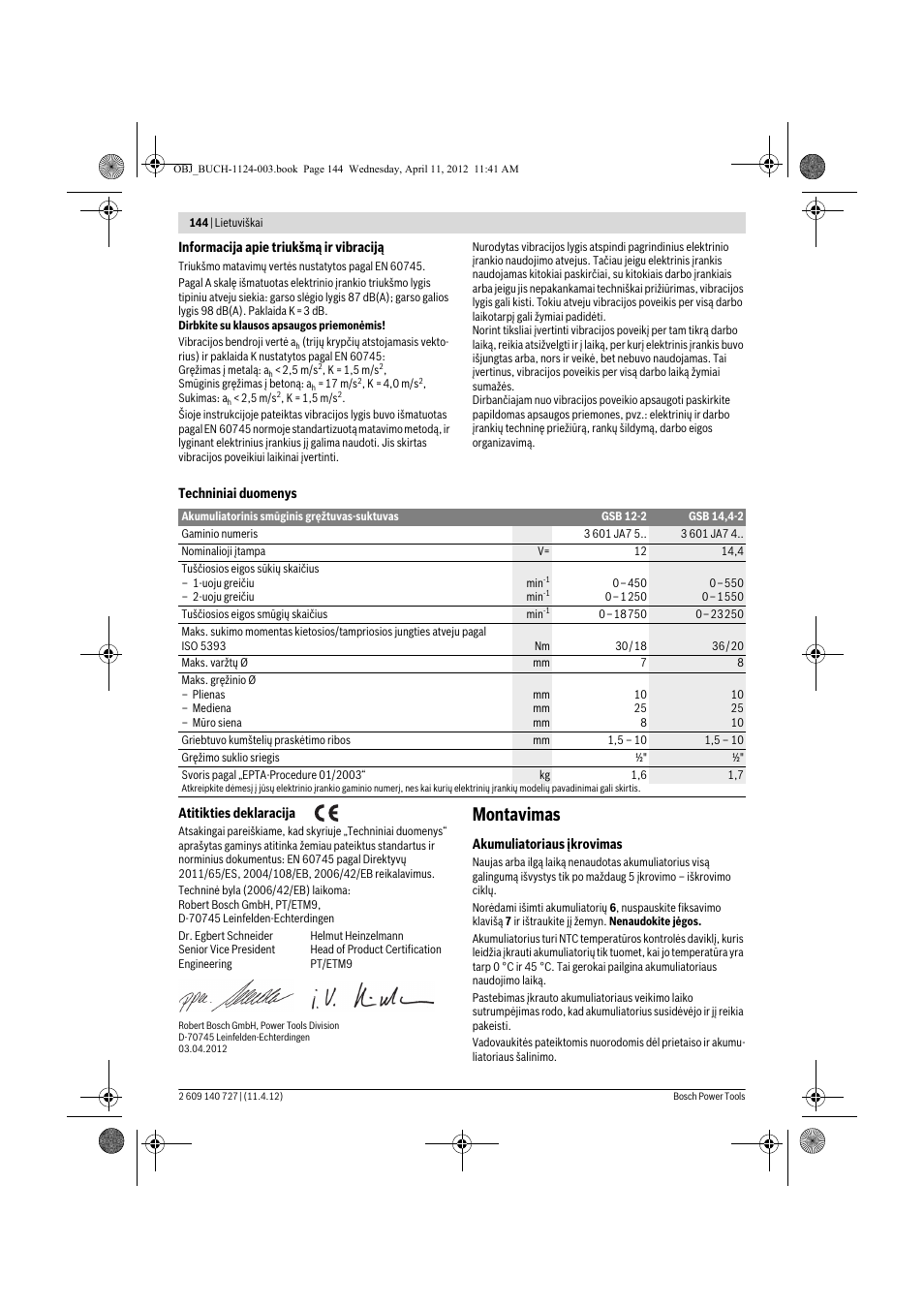 Montavimas | Bosch GSB 12-2 Professional User Manual | Page 144 / 157