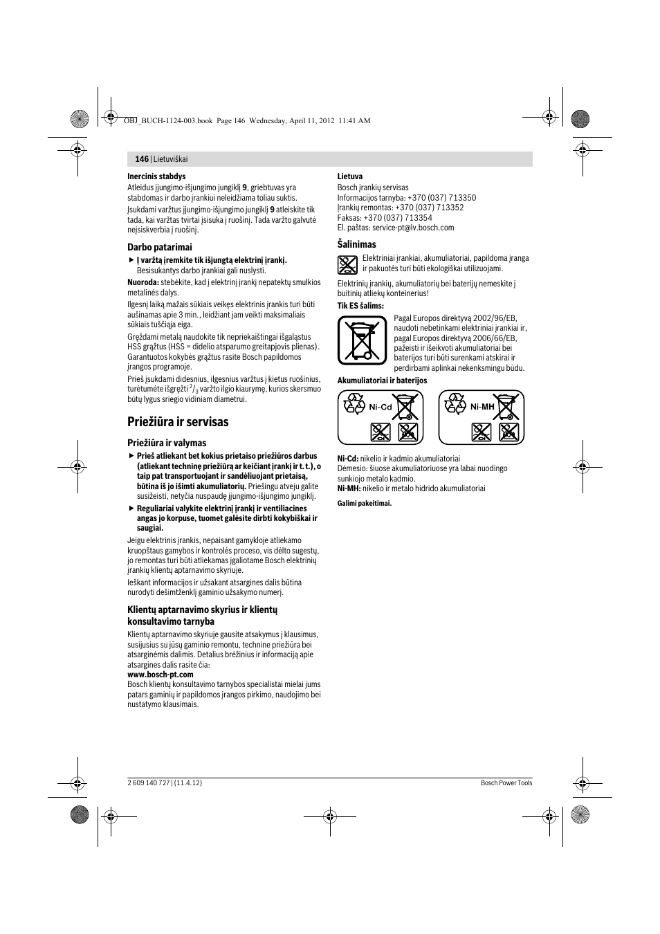 Priežiūra ir servisas | Bosch GSB 12-2 Professional User Manual | Page 146 / 157